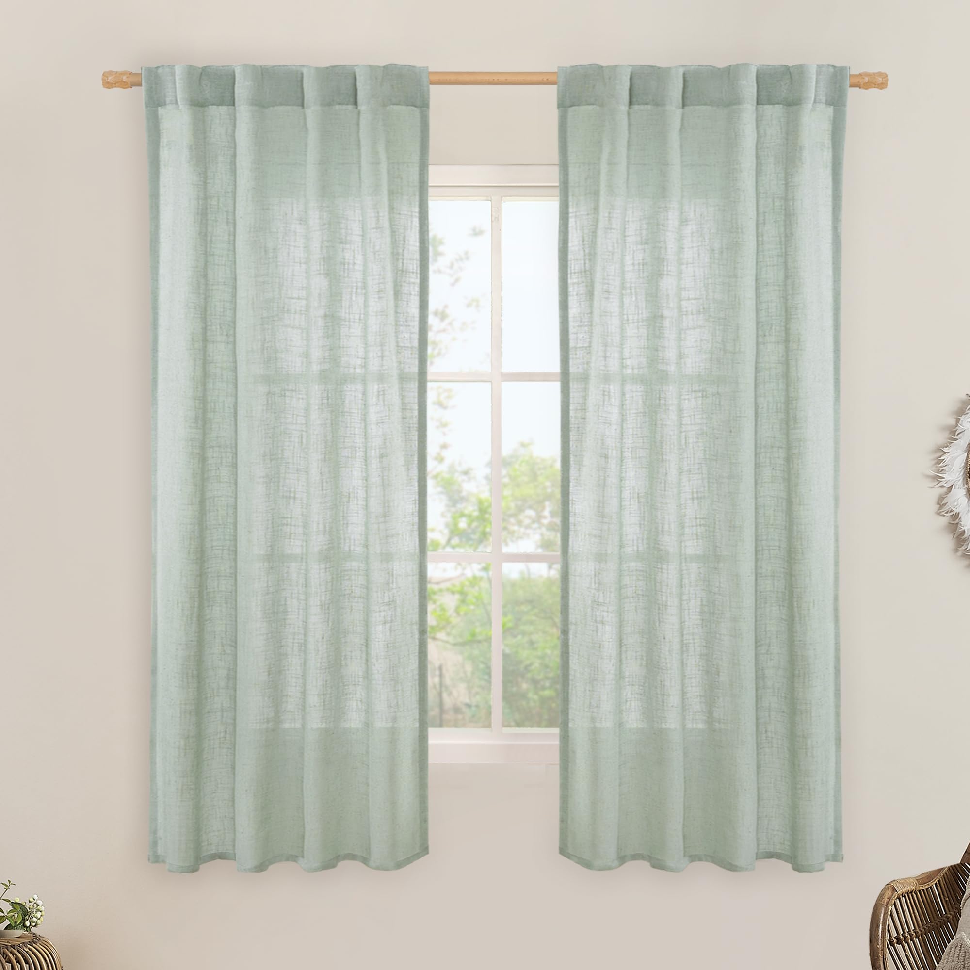 LAMIT Natural Ivory Semi Sheer Linen Curtains 84 inch Long, Cream White Light Filtering Living Room Panels Back Tab and Rod Pocket Neutral Drapes for Bedroom/Farmhouse, 2 Panels, 52 x 84 Inch