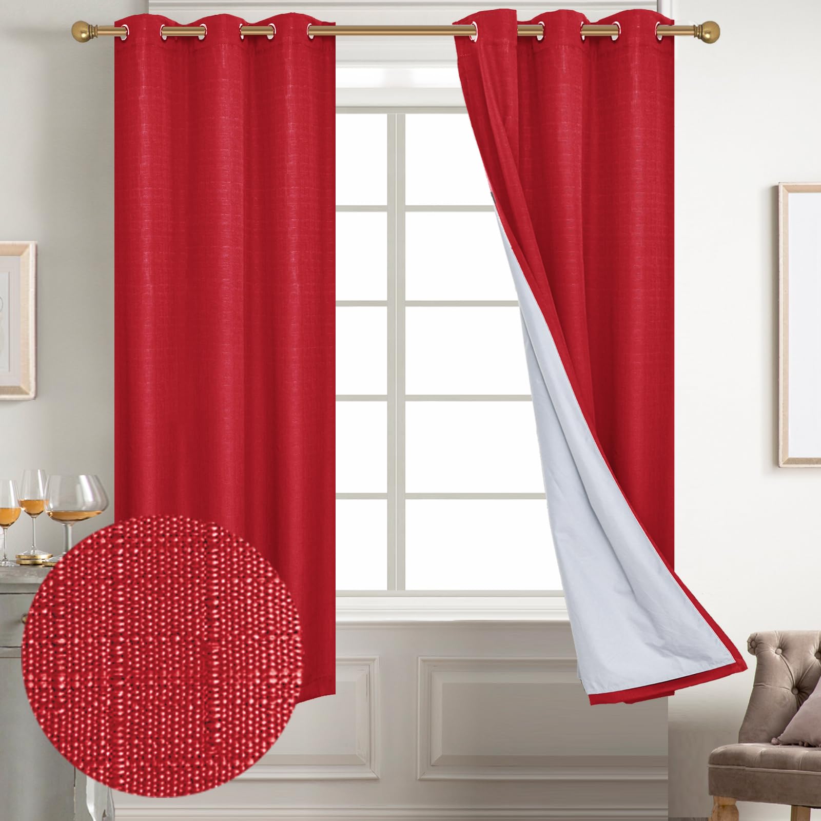 Diraysid 100% Blackout White Curtains Linen Curtains for Bedroom Grommet Thermal Insulated Room Darkening Drapes (2 Panels, W52 x L84 Inch)
