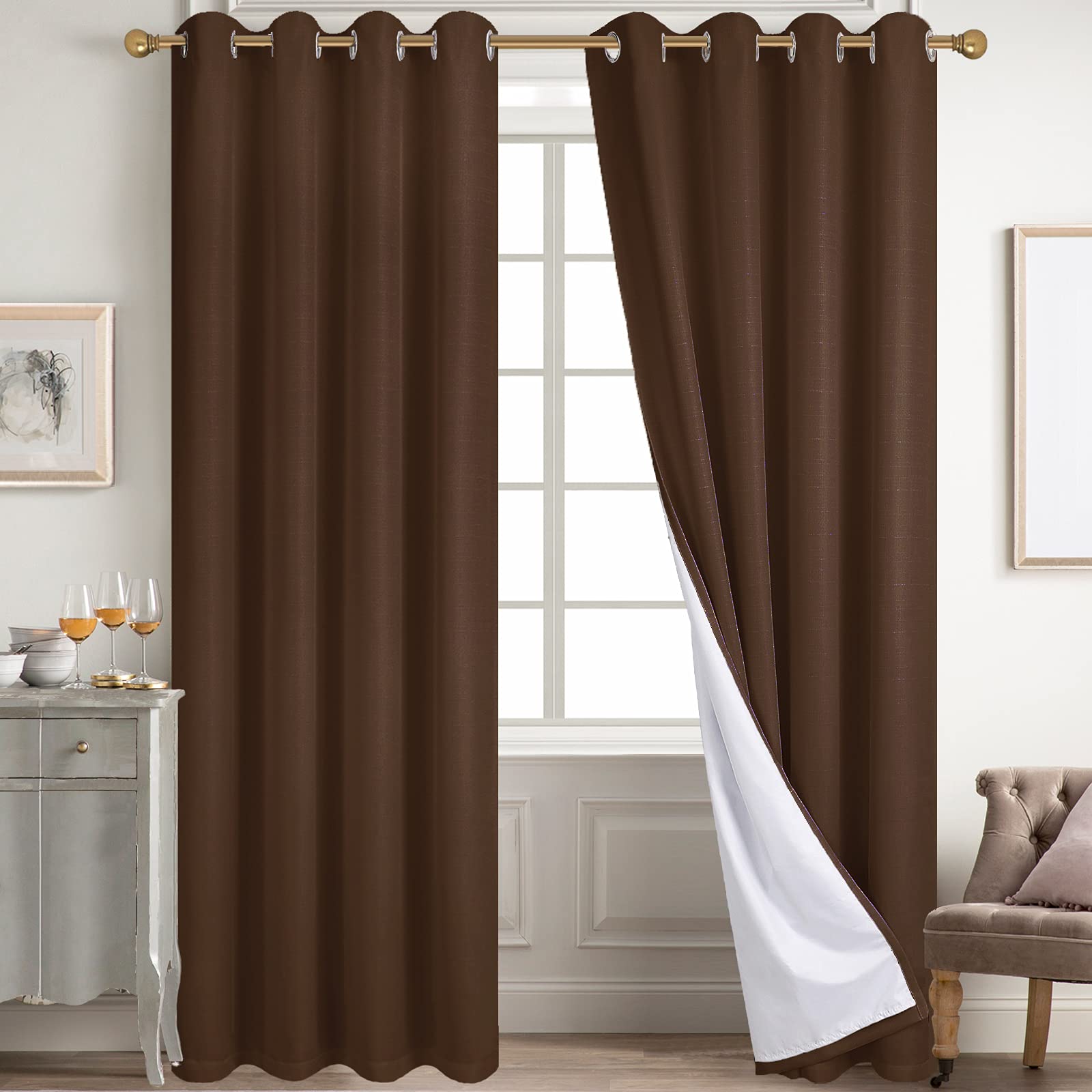 Diraysid 100% Blackout White Curtains Linen Curtains for Bedroom Grommet Thermal Insulated Room Darkening Drapes (2 Panels, W52 x L84 Inch)
