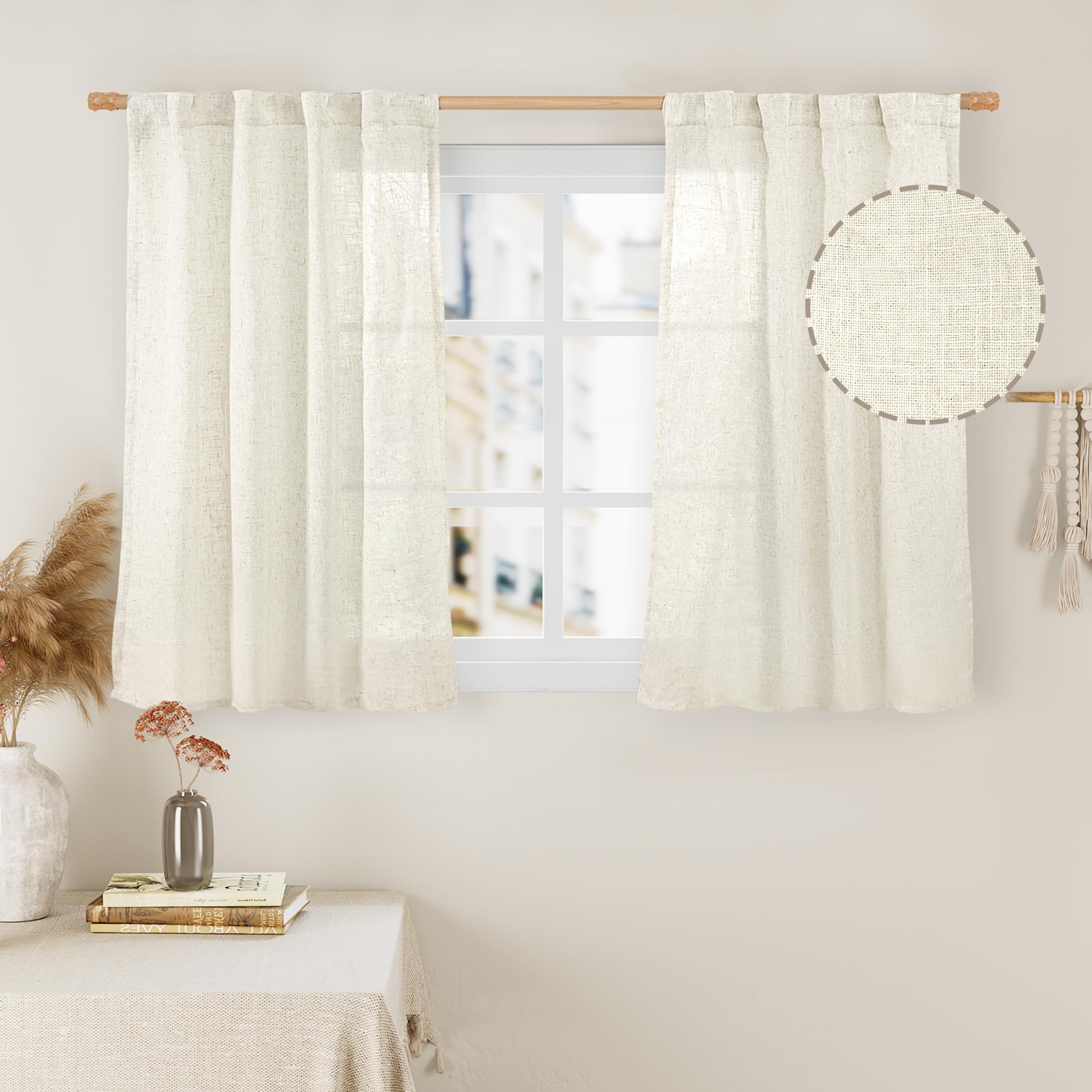 LAMIT Natural Ivory Semi Sheer Linen Curtains 84 inch Long, Cream White Light Filtering Living Room Panels Back Tab and Rod Pocket Neutral Drapes for Bedroom/Farmhouse, 2 Panels, 52 x 84 Inch