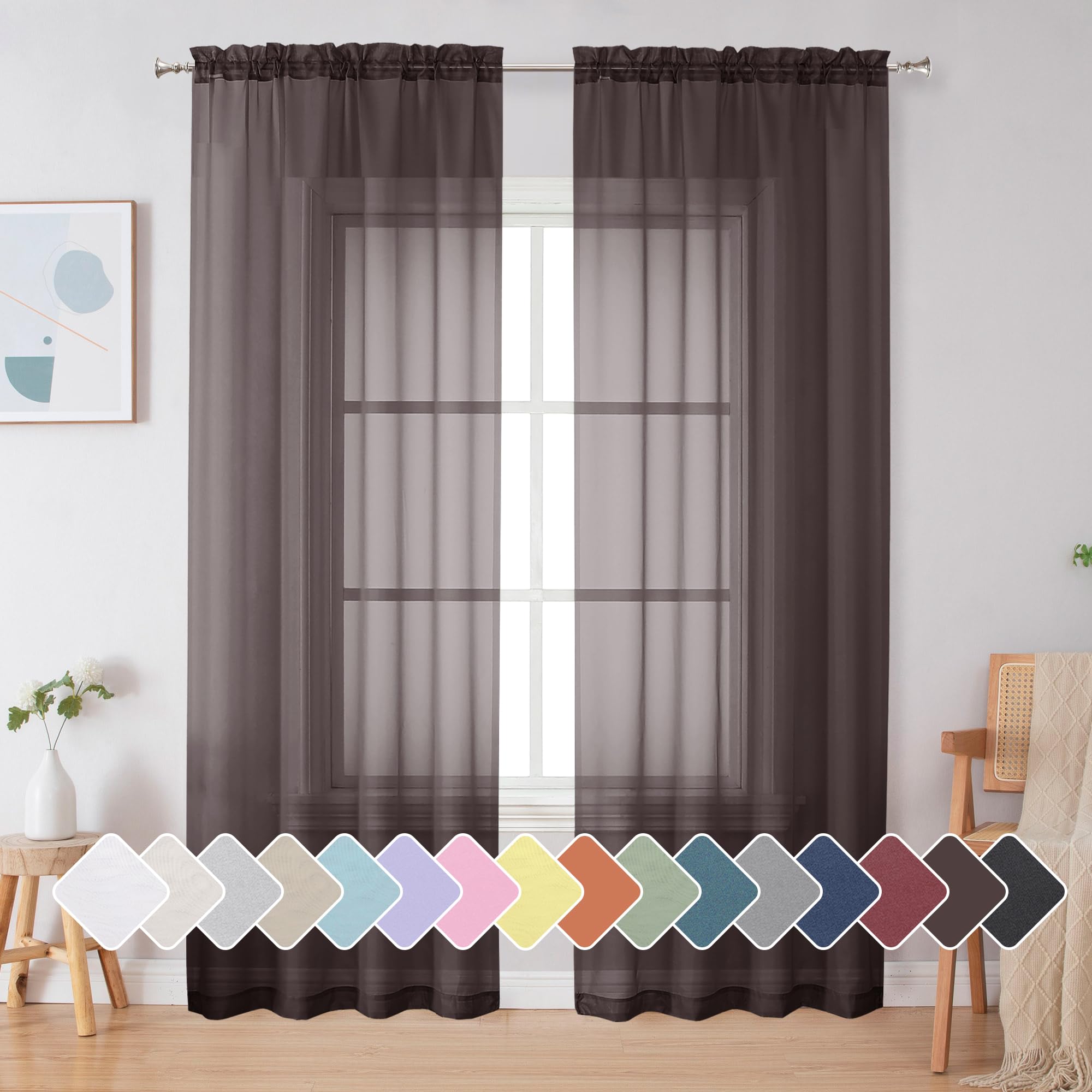 Simplebrand Black Sheer Curtains 84 Inches Long, Light Filtering Rod Pocket Solid Color Window Sheer Curtain Panels, Elegant Curtains & Drapes for Living Room, Bedroom 2 Panels (Black, 42" W x 84" L)