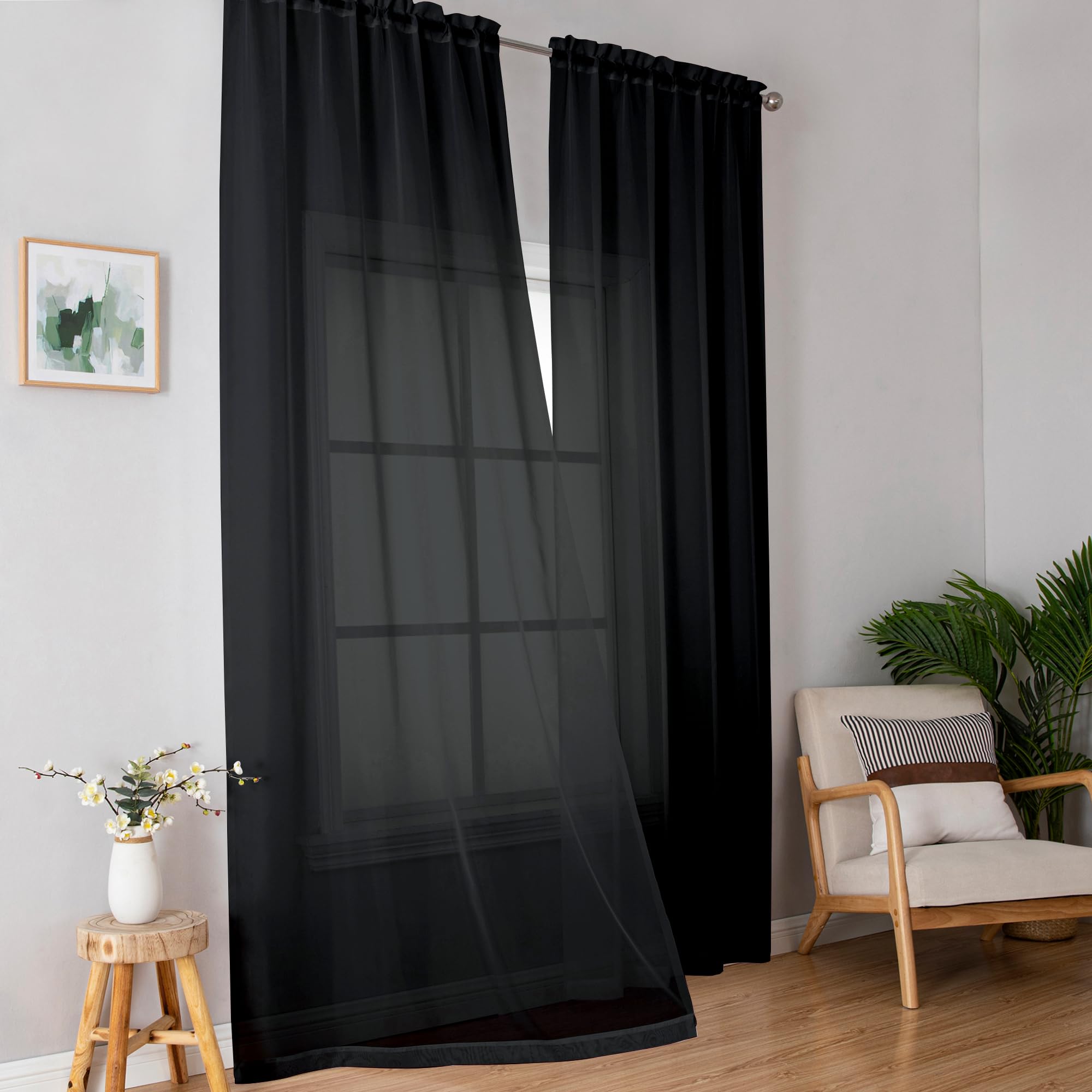 Simplebrand Black Sheer Curtains 84 Inches Long, Light Filtering Rod Pocket Solid Color Window Sheer Curtain Panels, Elegant Curtains & Drapes for Living Room, Bedroom 2 Panels (Black, 42" W x 84" L)
