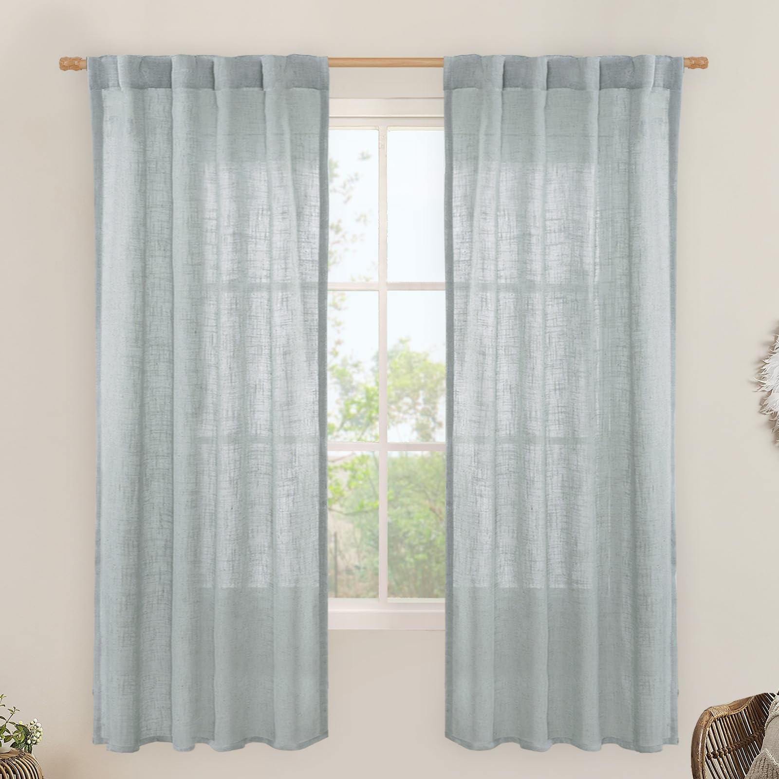 LAMIT Natural Ivory Semi Sheer Linen Curtains 84 inch Long, Cream White Light Filtering Living Room Panels Back Tab and Rod Pocket Neutral Drapes for Bedroom/Farmhouse, 2 Panels, 52 x 84 Inch