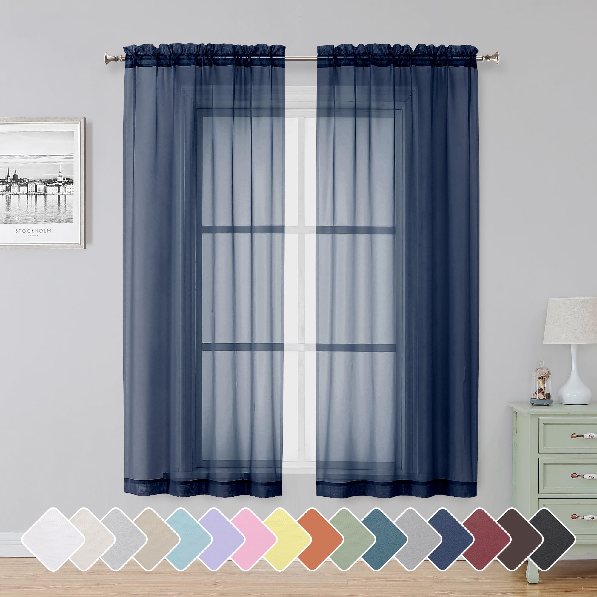 Simplebrand Black Sheer Curtains 84 Inches Long, Light Filtering Rod Pocket Solid Color Window Sheer Curtain Panels, Elegant Curtains & Drapes for Living Room, Bedroom 2 Panels (Black, 42" W x 84" L)