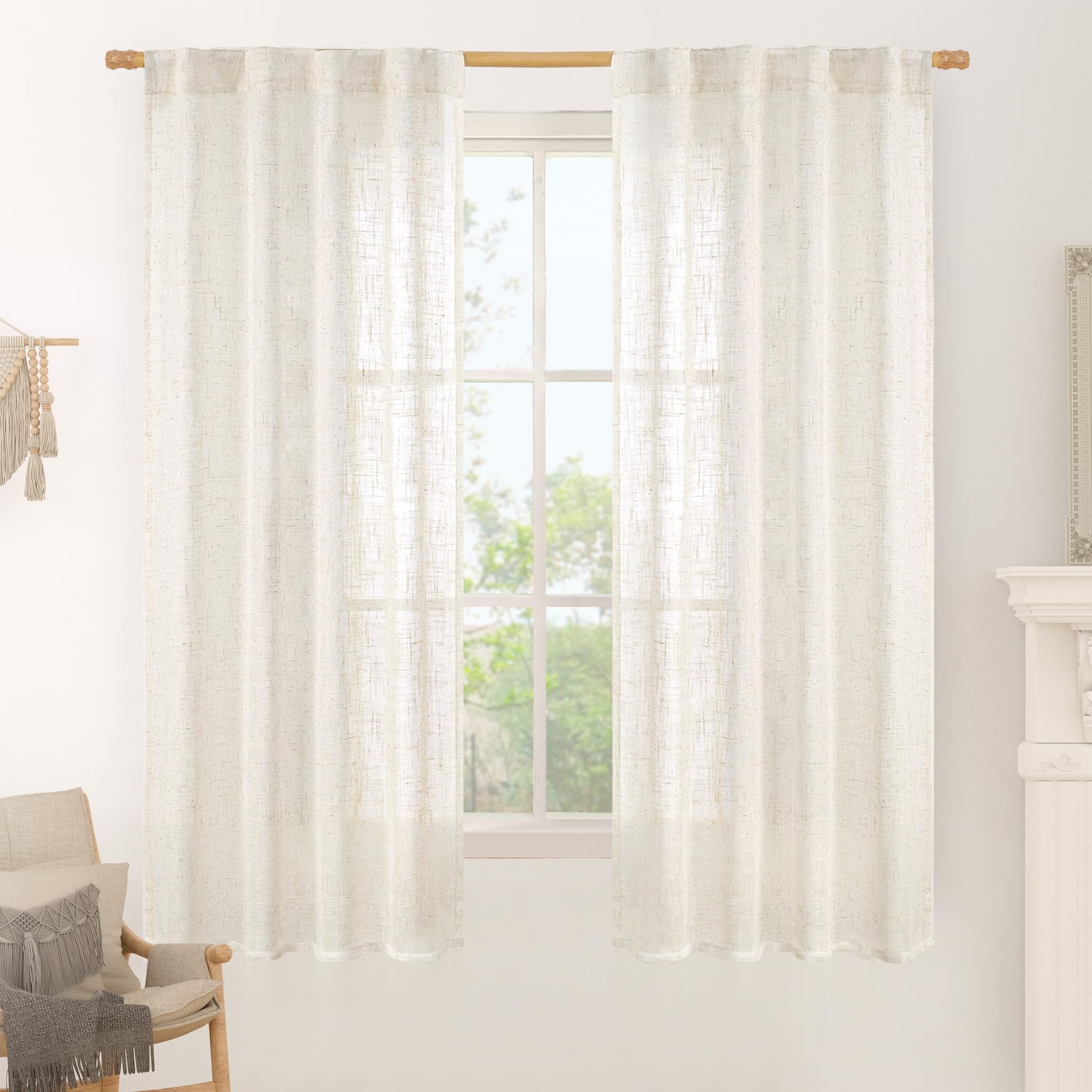 LAMIT Natural Ivory Semi Sheer Linen Curtains 84 inch Long, Cream White Light Filtering Living Room Panels Back Tab and Rod Pocket Neutral Drapes for Bedroom/Farmhouse, 2 Panels, 52 x 84 Inch
