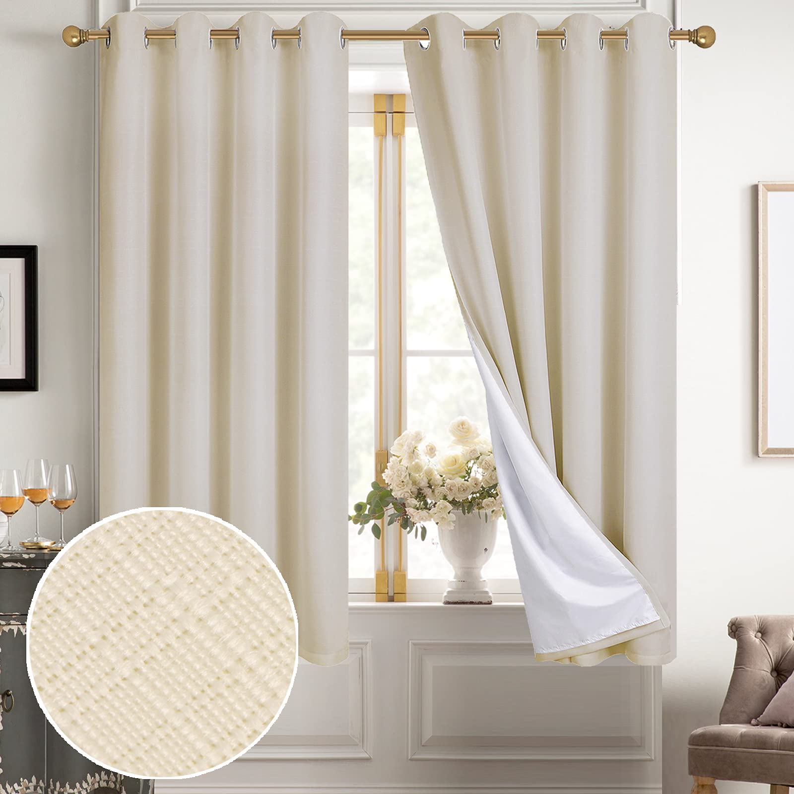 Diraysid 100% Blackout White Curtains Linen Curtains for Bedroom Grommet Thermal Insulated Room Darkening Drapes (2 Panels, W52 x L84 Inch)