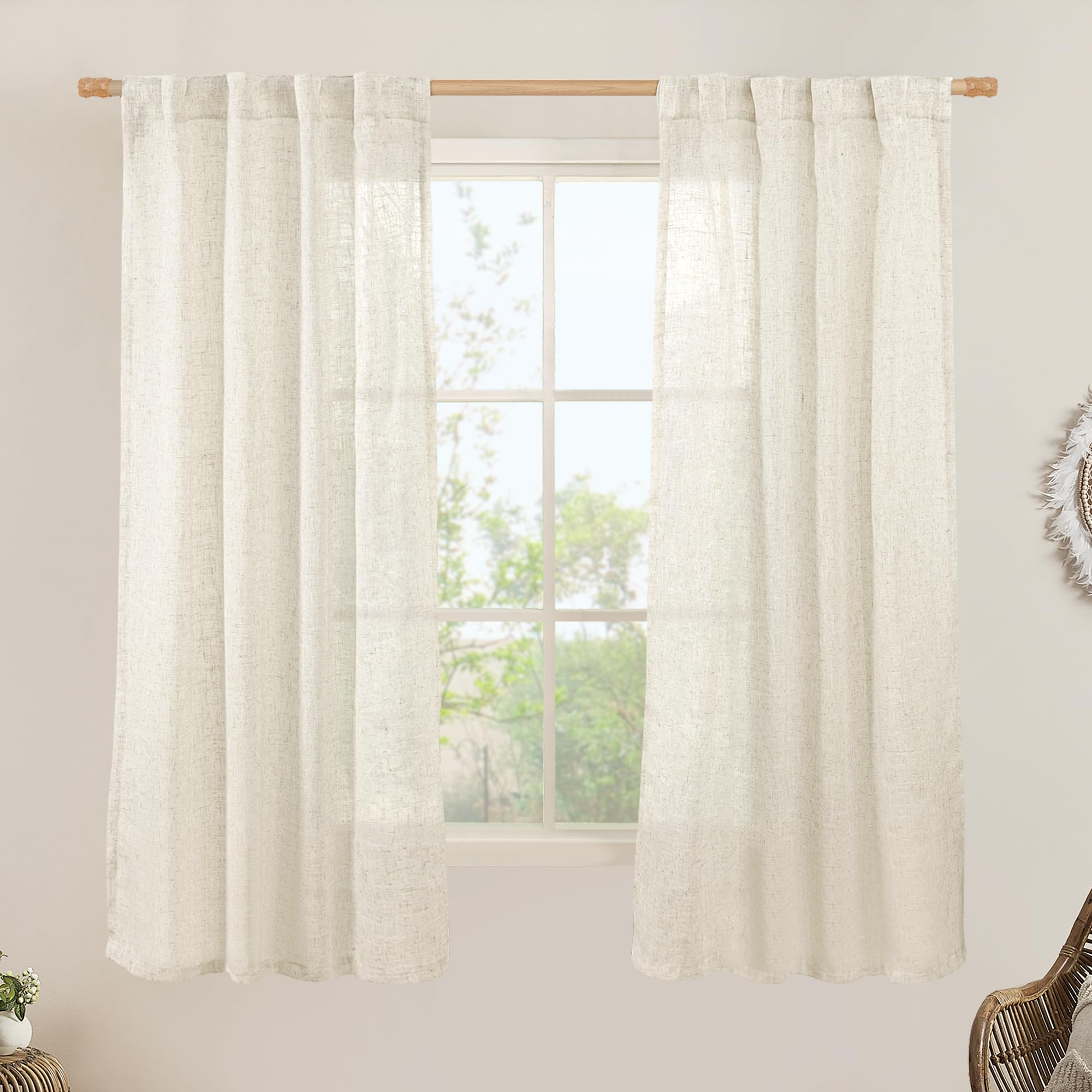 LAMIT Natural Ivory Semi Sheer Linen Curtains 84 inch Long, Cream White Light Filtering Living Room Panels Back Tab and Rod Pocket Neutral Drapes for Bedroom/Farmhouse, 2 Panels, 52 x 84 Inch