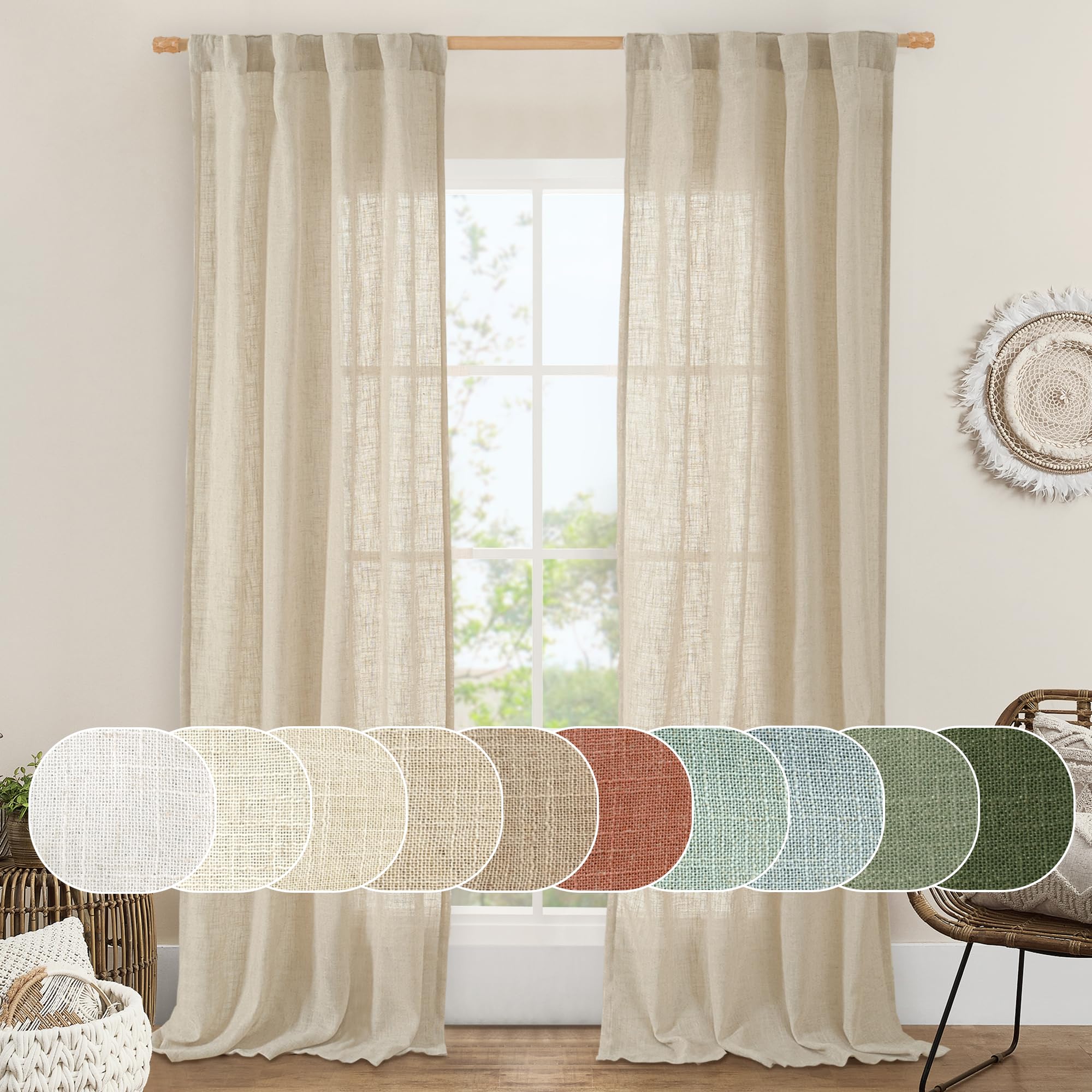 LAMIT Natural Ivory Semi Sheer Linen Curtains 84 inch Long, Cream White Light Filtering Living Room Panels Back Tab and Rod Pocket Neutral Drapes for Bedroom/Farmhouse, 2 Panels, 52 x 84 Inch