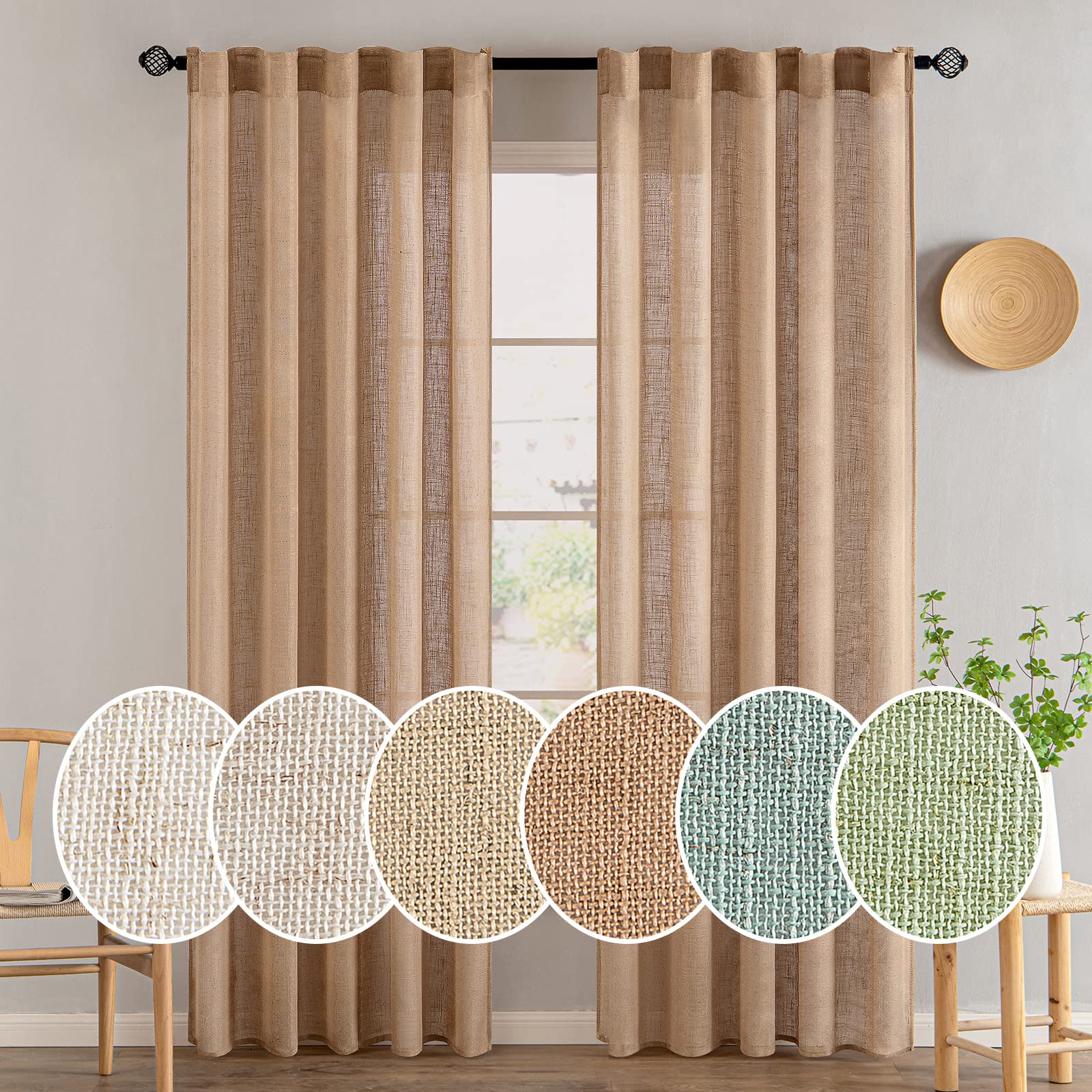 MIULEE Natural White Linen Curtains 84 Inch Long for Bedroom Living Room, Soft Thick Linen Textured Window Drapes Semi Sheer Light Filtering Rod Pocket Back Tab Neutral Farmhouse Cream Ivory 2 Panels