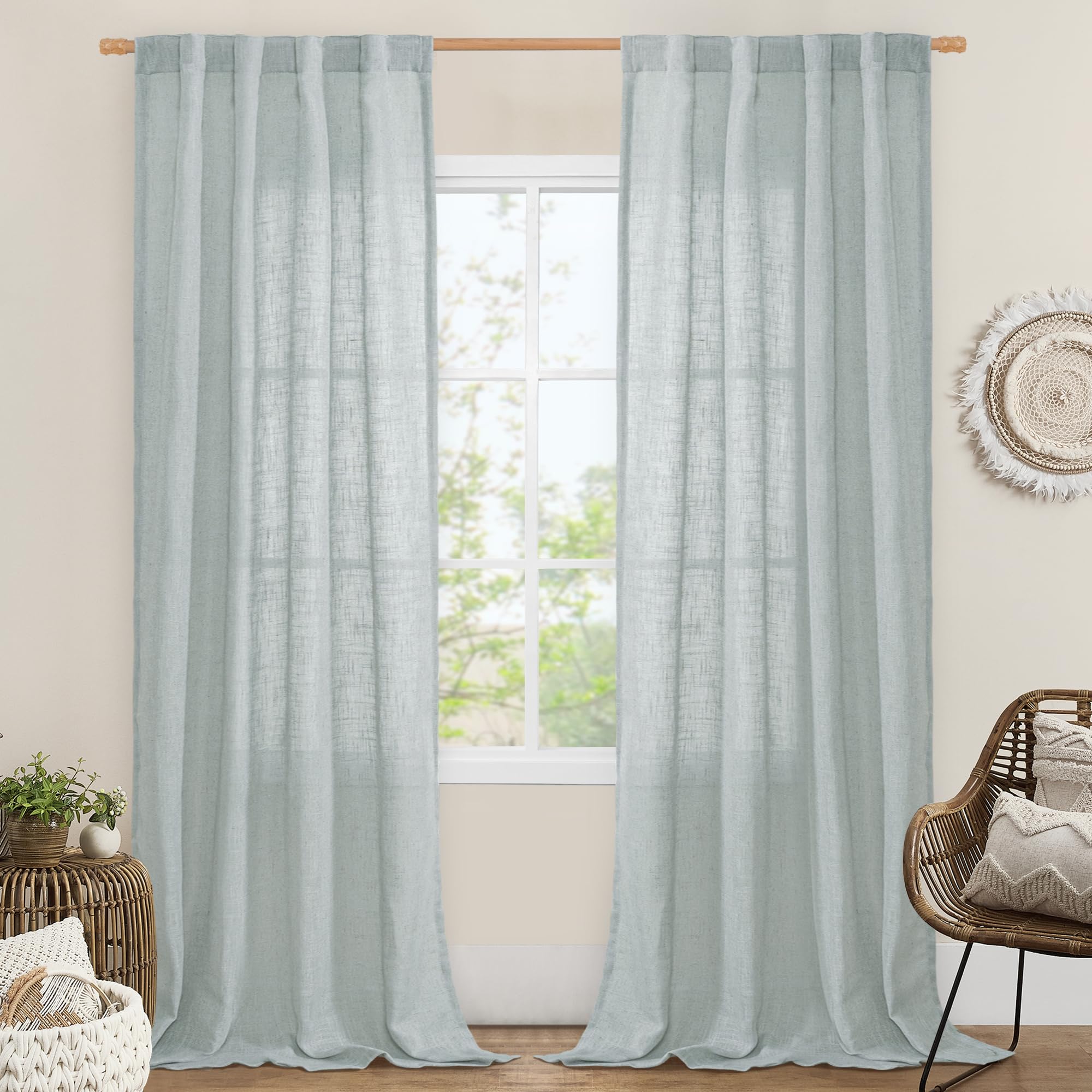 LAMIT Natural Ivory Semi Sheer Linen Curtains 84 inch Long, Cream White Light Filtering Living Room Panels Back Tab and Rod Pocket Neutral Drapes for Bedroom/Farmhouse, 2 Panels, 52 x 84 Inch