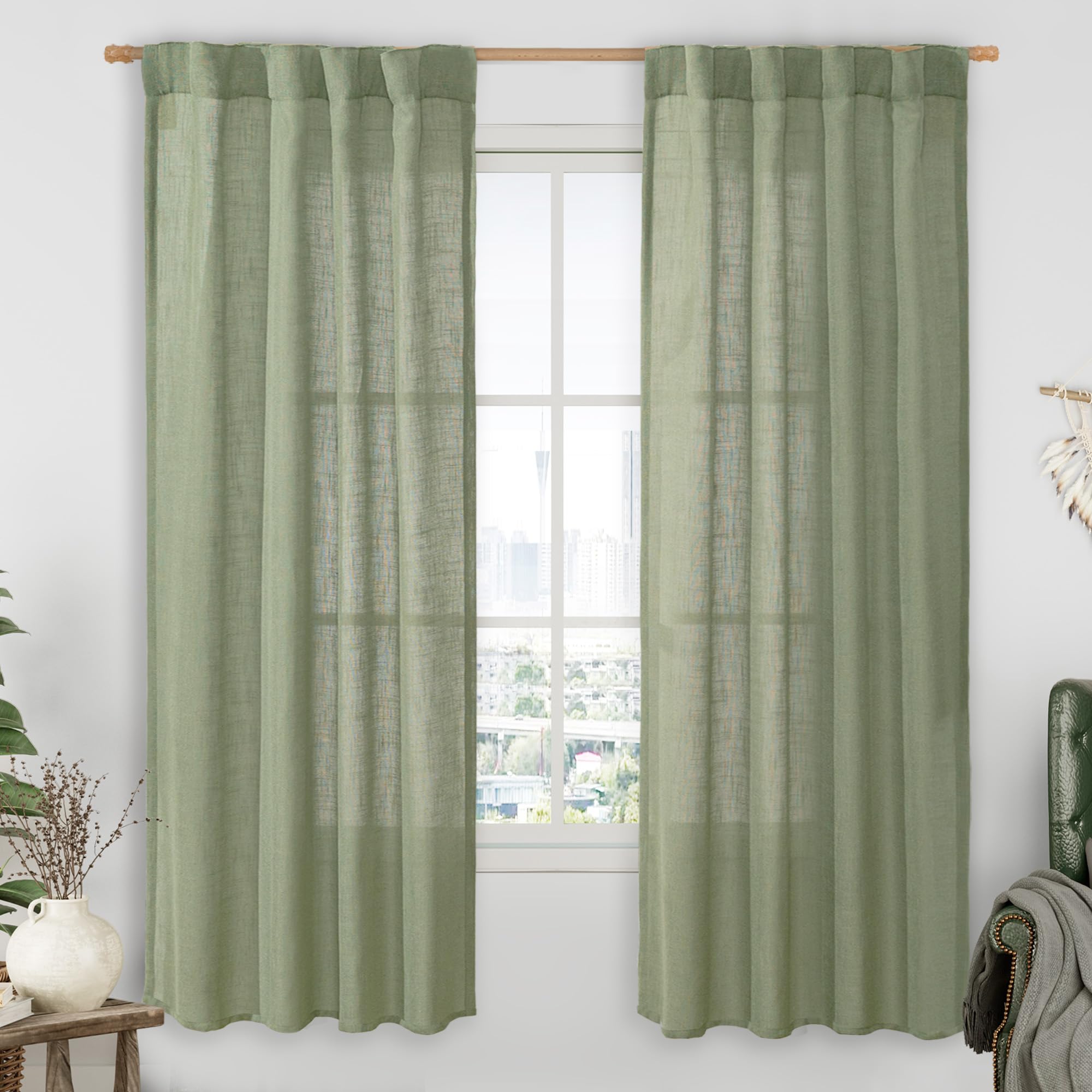 LAMIT Natural Ivory Semi Sheer Linen Curtains 84 inch Long, Cream White Light Filtering Living Room Panels Back Tab and Rod Pocket Neutral Drapes for Bedroom/Farmhouse, 2 Panels, 52 x 84 Inch