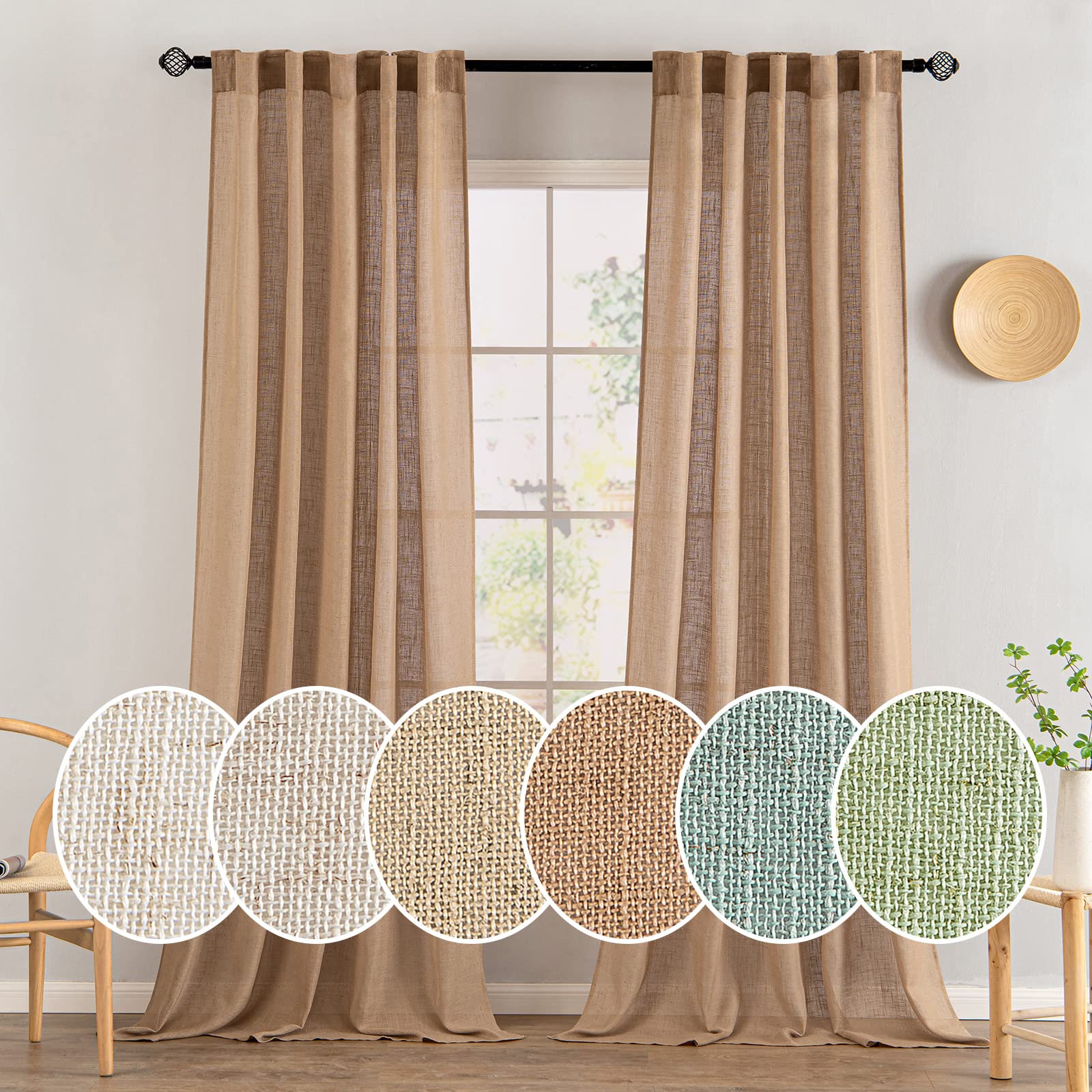 MIULEE Natural White Linen Curtains 84 Inch Long for Bedroom Living Room, Soft Thick Linen Textured Window Drapes Semi Sheer Light Filtering Rod Pocket Back Tab Neutral Farmhouse Cream Ivory 2 Panels