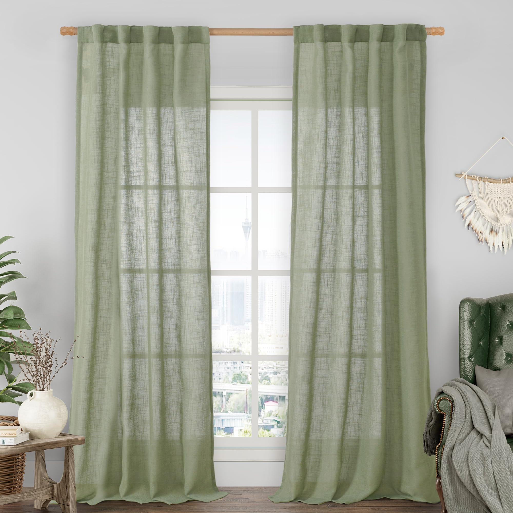 LAMIT Natural Ivory Semi Sheer Linen Curtains 84 inch Long, Cream White Light Filtering Living Room Panels Back Tab and Rod Pocket Neutral Drapes for Bedroom/Farmhouse, 2 Panels, 52 x 84 Inch