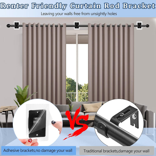 6PCS No Drill Curtain Rod Brackets,Self Adhesive Curtain Rod Holder No Drilling,Renter Friendly Drapery Rod Hook,Nail Free Adjustable Non Screw Draper Pole for Apartment Window Wall Door Ceiling Mount