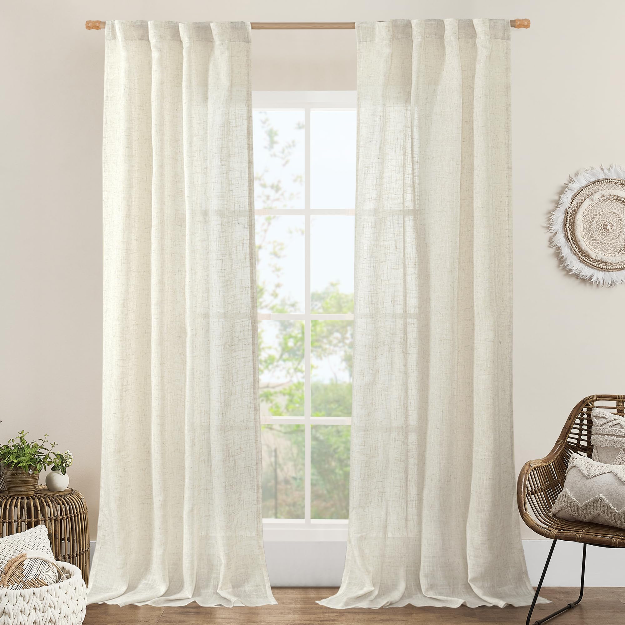LAMIT Natural Ivory Semi Sheer Linen Curtains 84 inch Long, Cream White Light Filtering Living Room Panels Back Tab and Rod Pocket Neutral Drapes for Bedroom/Farmhouse, 2 Panels, 52 x 84 Inch