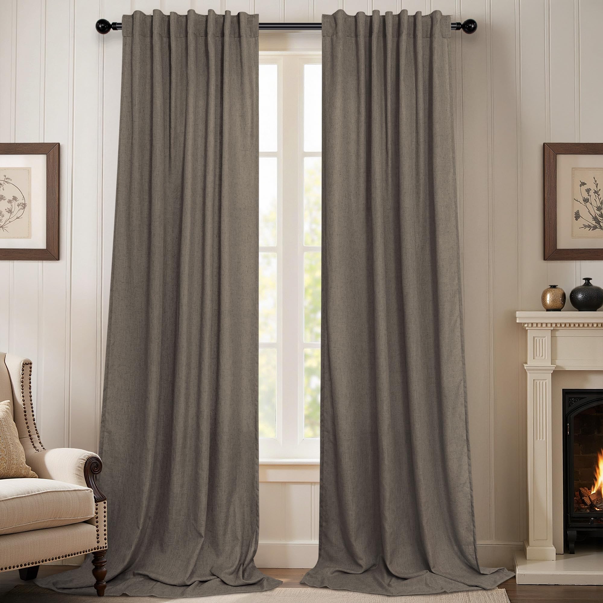 Natural Linen Back Tab Curtains 84 Inch Length for Living Room 2 Panel Pocket Drape Light Filtering Semi Sheer Neutral Country Rustic Farmhouse Boho Curtain Bedroom Muslin Look Ivory Cream Colored