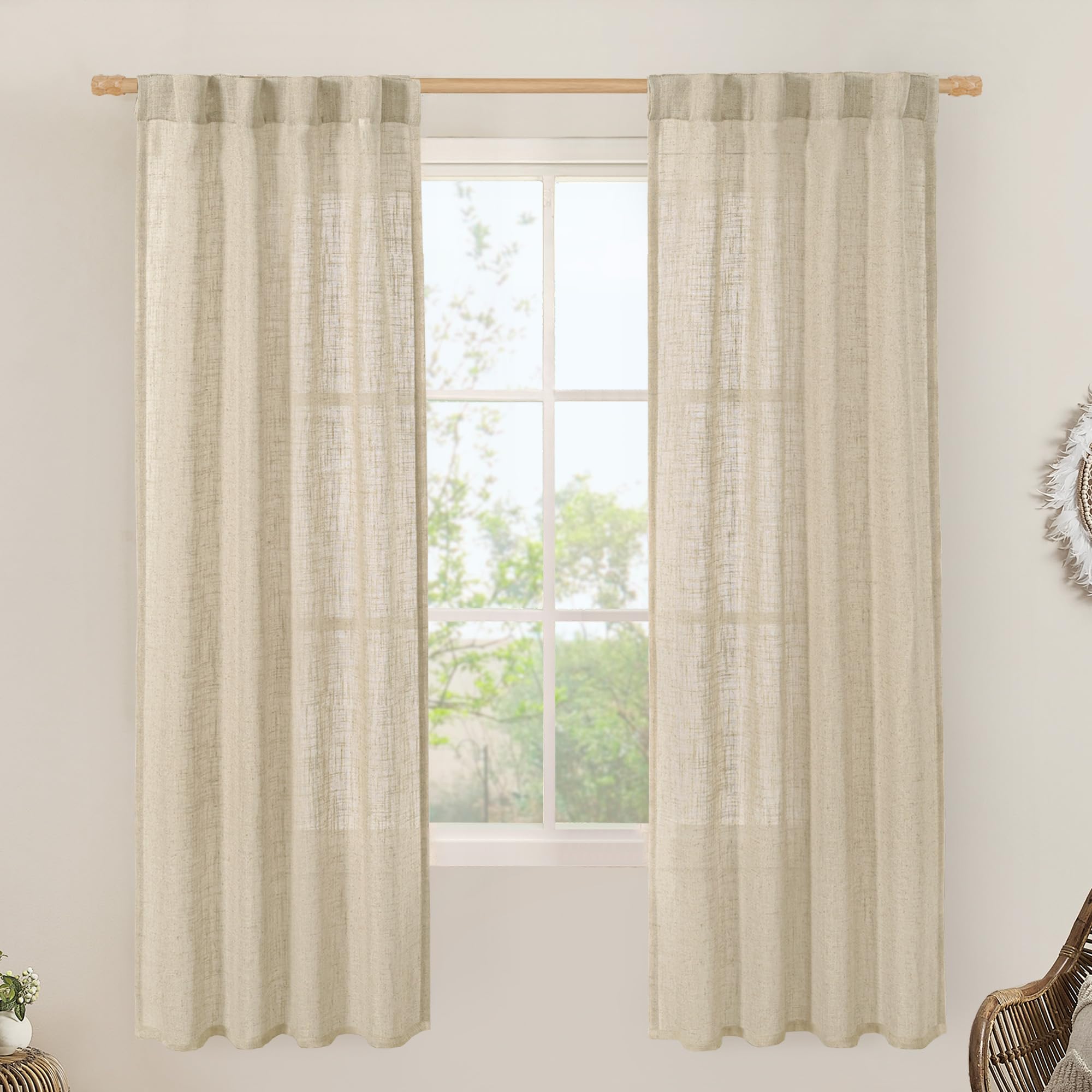 LAMIT Natural Ivory Semi Sheer Linen Curtains 84 inch Long, Cream White Light Filtering Living Room Panels Back Tab and Rod Pocket Neutral Drapes for Bedroom/Farmhouse, 2 Panels, 52 x 84 Inch