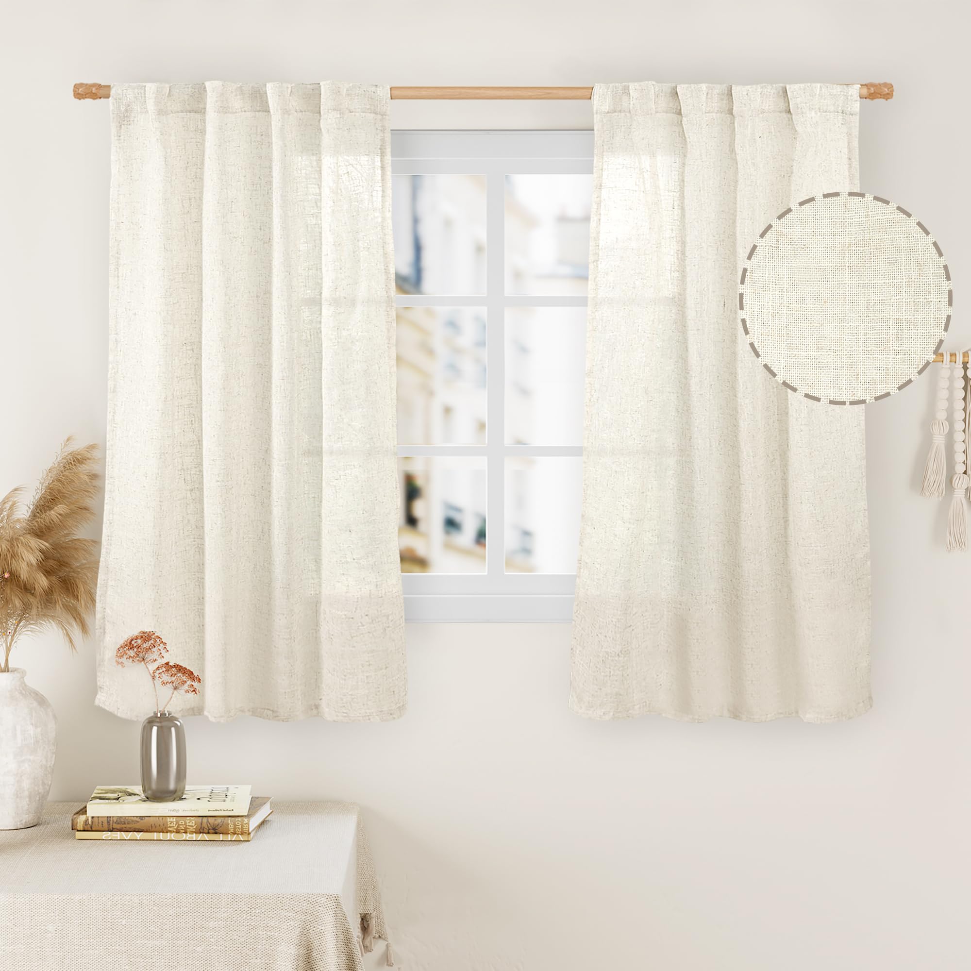 LAMIT Natural Ivory Semi Sheer Linen Curtains 84 inch Long, Cream White Light Filtering Living Room Panels Back Tab and Rod Pocket Neutral Drapes for Bedroom/Farmhouse, 2 Panels, 52 x 84 Inch