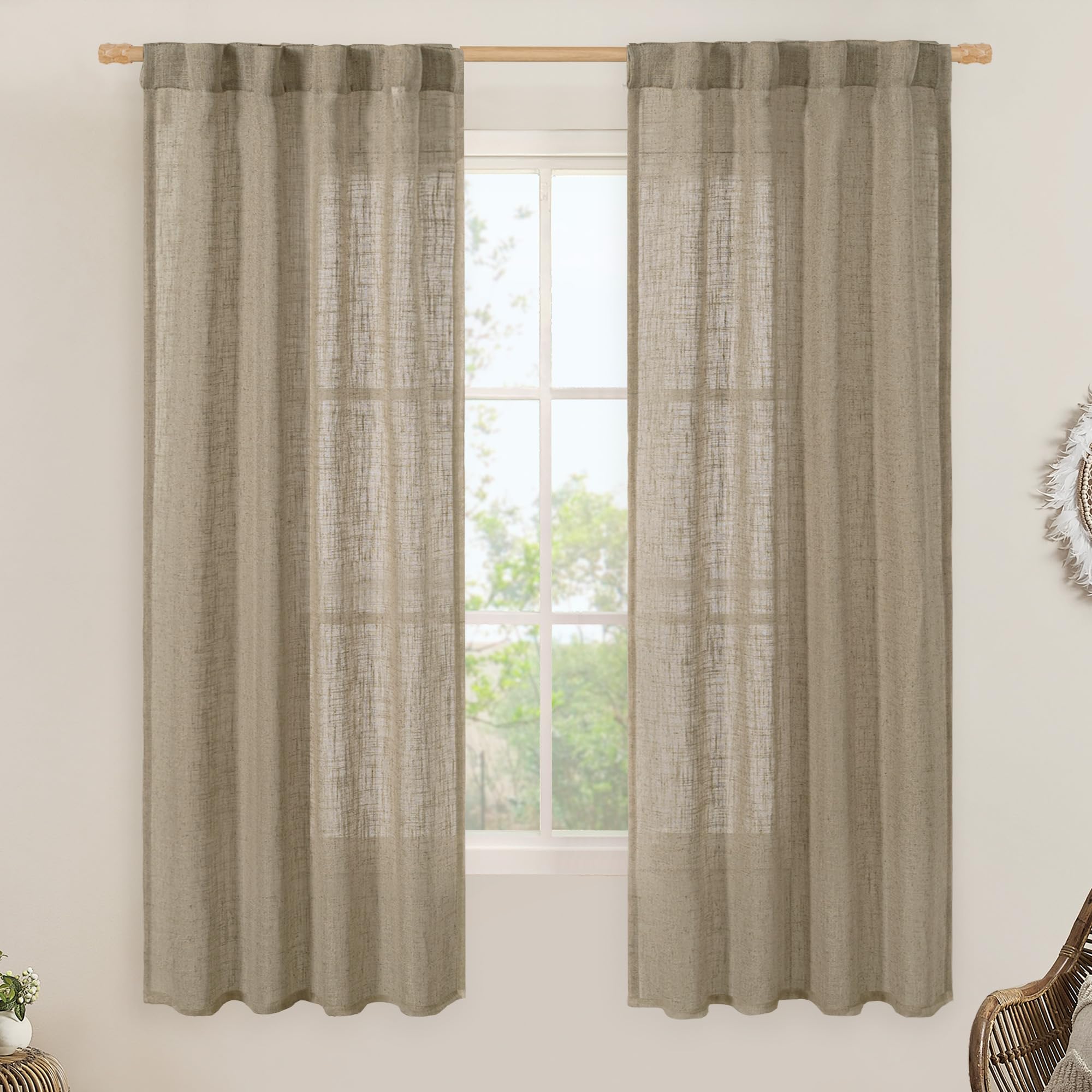 LAMIT Natural Ivory Semi Sheer Linen Curtains 84 inch Long, Cream White Light Filtering Living Room Panels Back Tab and Rod Pocket Neutral Drapes for Bedroom/Farmhouse, 2 Panels, 52 x 84 Inch