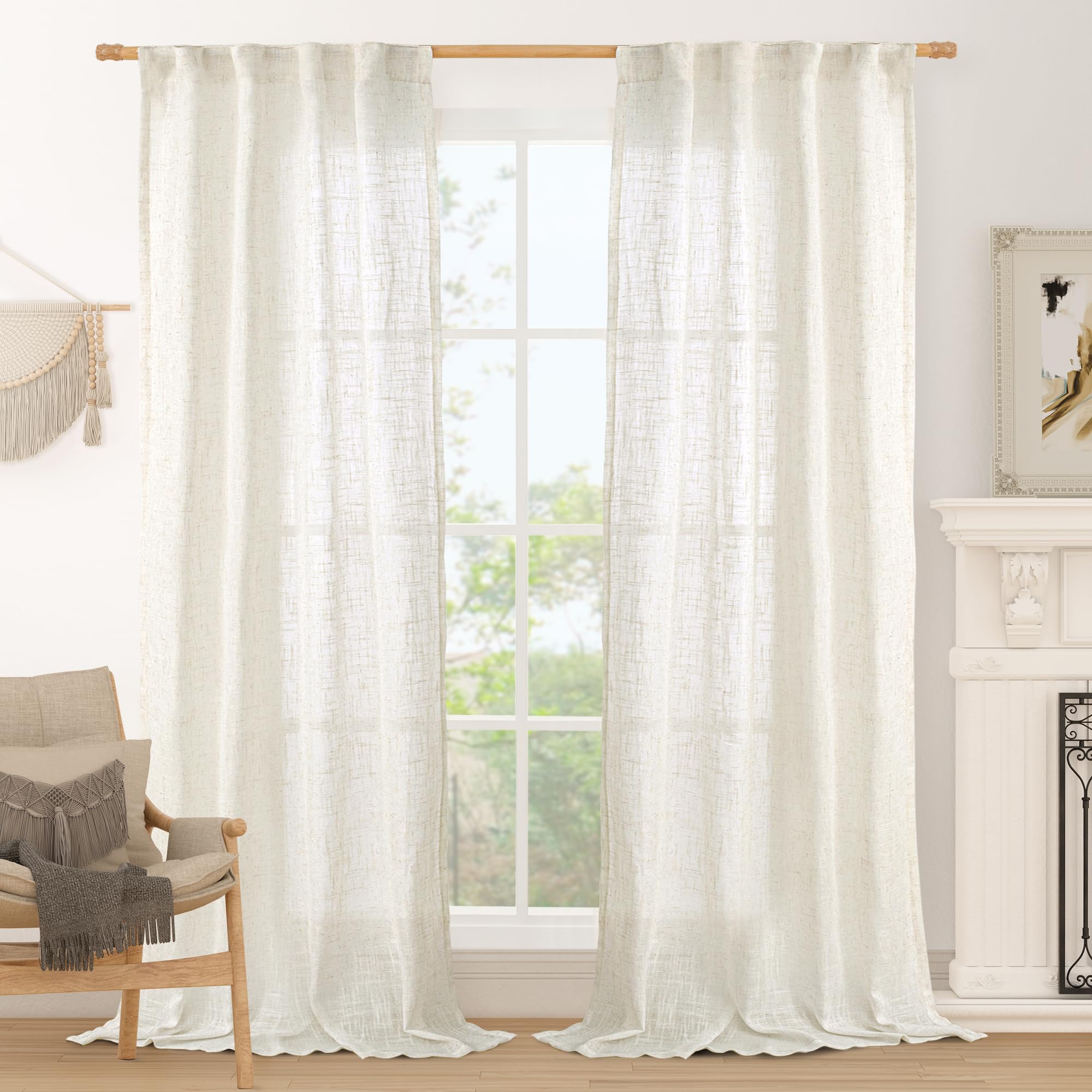 LAMIT Natural Ivory Semi Sheer Linen Curtains 84 inch Long, Cream White Light Filtering Living Room Panels Back Tab and Rod Pocket Neutral Drapes for Bedroom/Farmhouse, 2 Panels, 52 x 84 Inch
