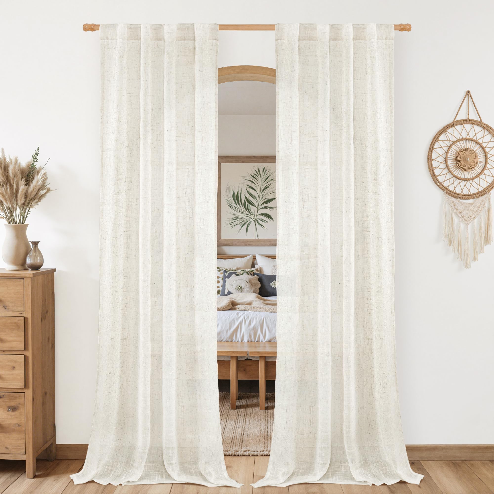 LAMIT Natural Ivory Semi Sheer Linen Curtains 84 inch Long, Cream White Light Filtering Living Room Panels Back Tab and Rod Pocket Neutral Drapes for Bedroom/Farmhouse, 2 Panels, 52 x 84 Inch