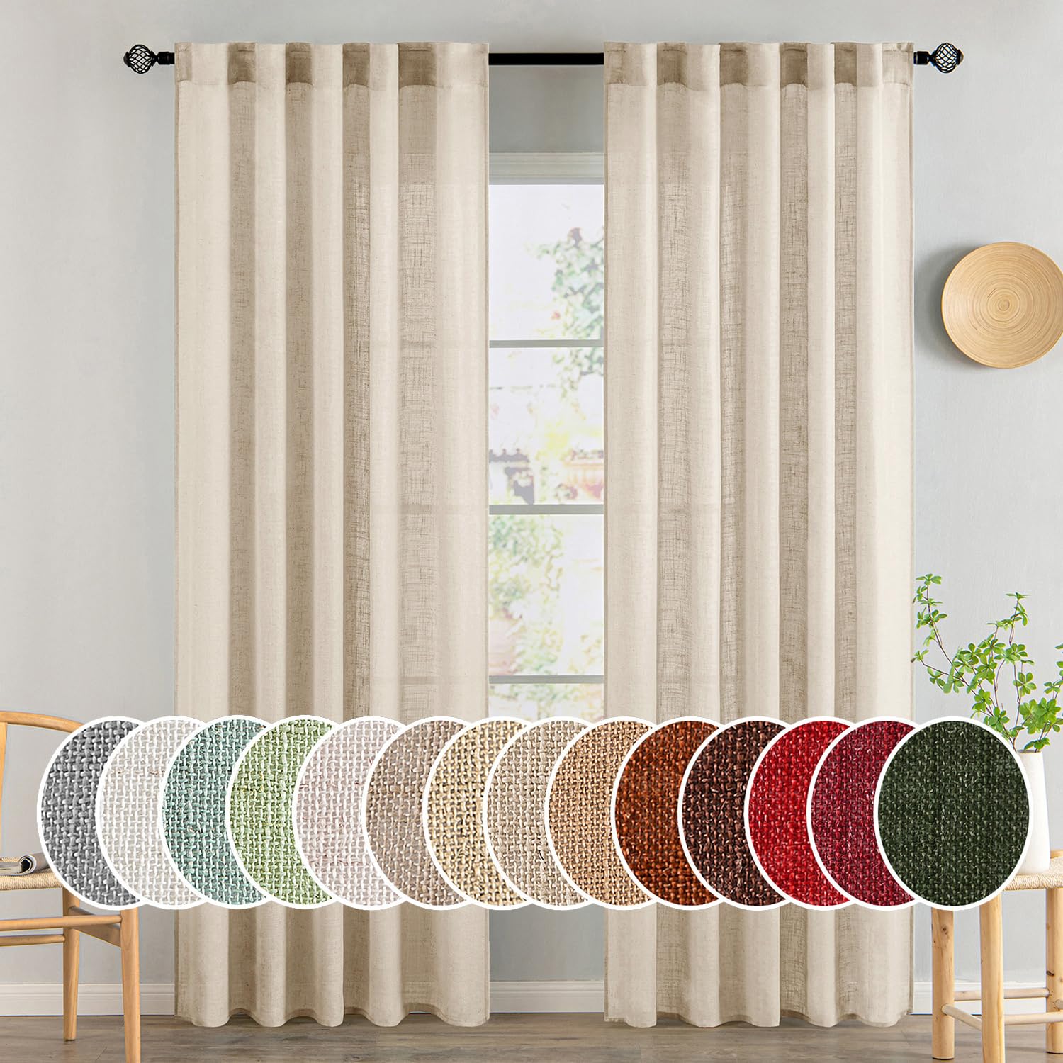 MIULEE Natural White Linen Curtains 84 Inch Long for Bedroom Living Room, Soft Thick Linen Textured Window Drapes Semi Sheer Light Filtering Rod Pocket Back Tab Neutral Farmhouse Cream Ivory 2 Panels