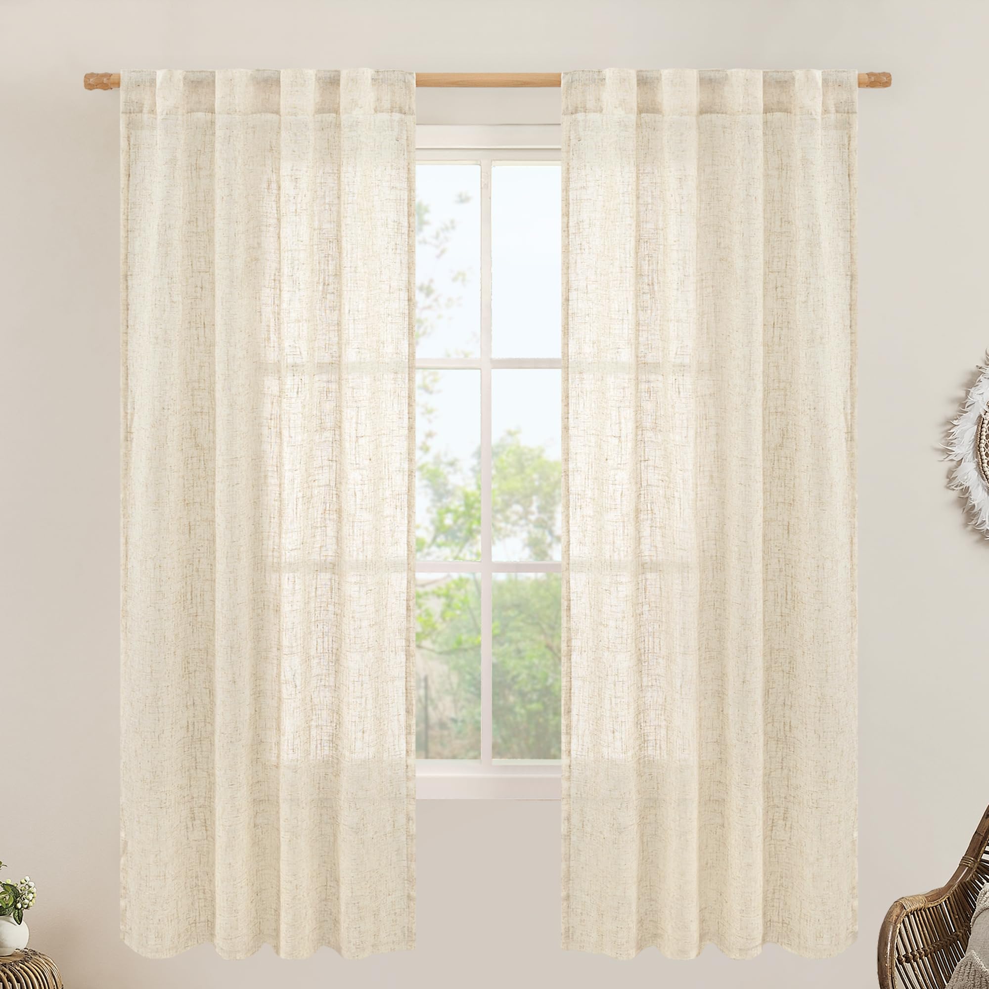 LAMIT Natural Ivory Semi Sheer Linen Curtains 84 inch Long, Cream White Light Filtering Living Room Panels Back Tab and Rod Pocket Neutral Drapes for Bedroom/Farmhouse, 2 Panels, 52 x 84 Inch