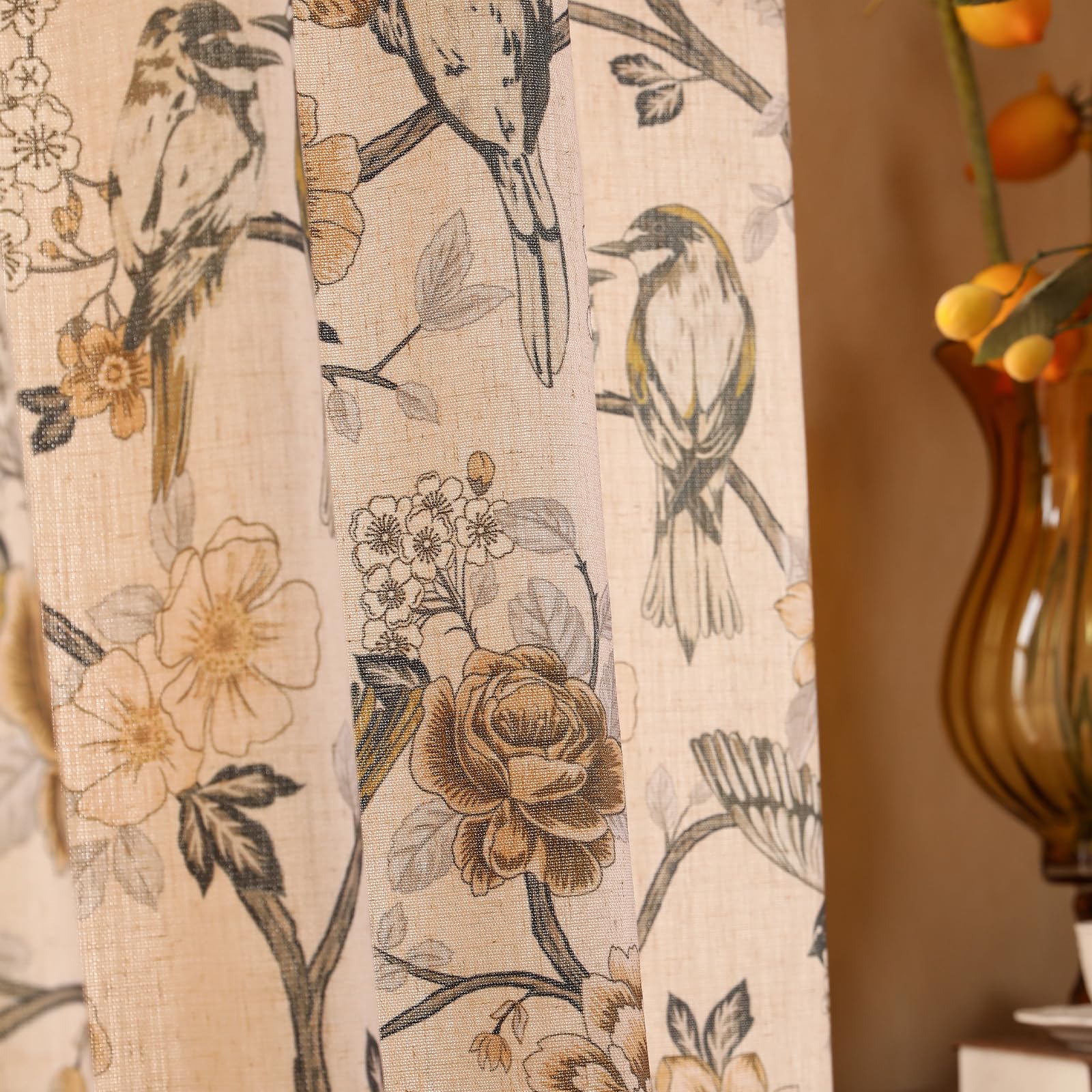 ISAENNE French Beige Linen Curtains with Bird and Flowers Pattern,Western Semi-Blackout Curtain with Grommet for Kitchen Bedroom Livingroom,2 Panels 53 Inches Wide by 71 Inches Long -Cornucopi