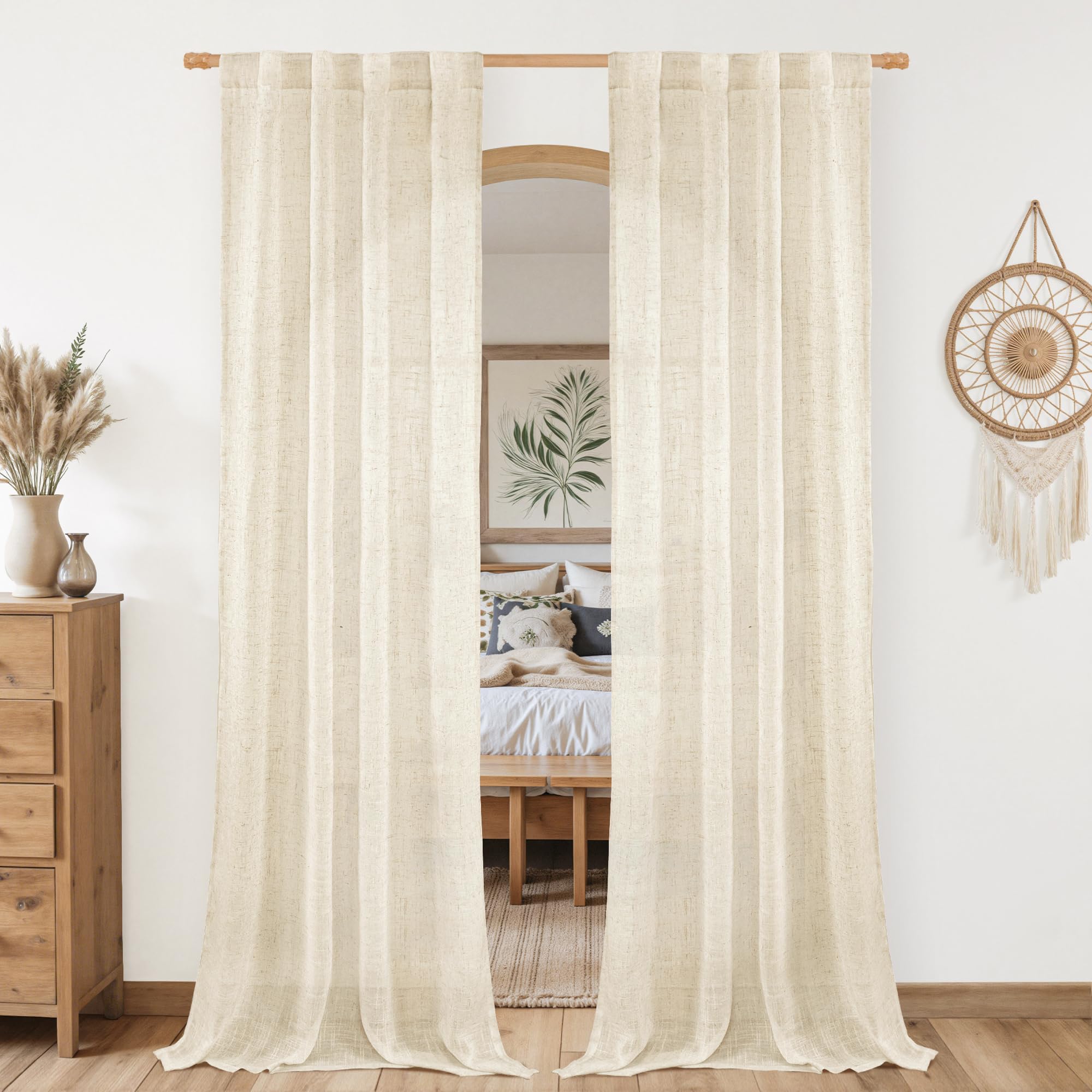 LAMIT Natural Ivory Semi Sheer Linen Curtains 84 inch Long, Cream White Light Filtering Living Room Panels Back Tab and Rod Pocket Neutral Drapes for Bedroom/Farmhouse, 2 Panels, 52 x 84 Inch