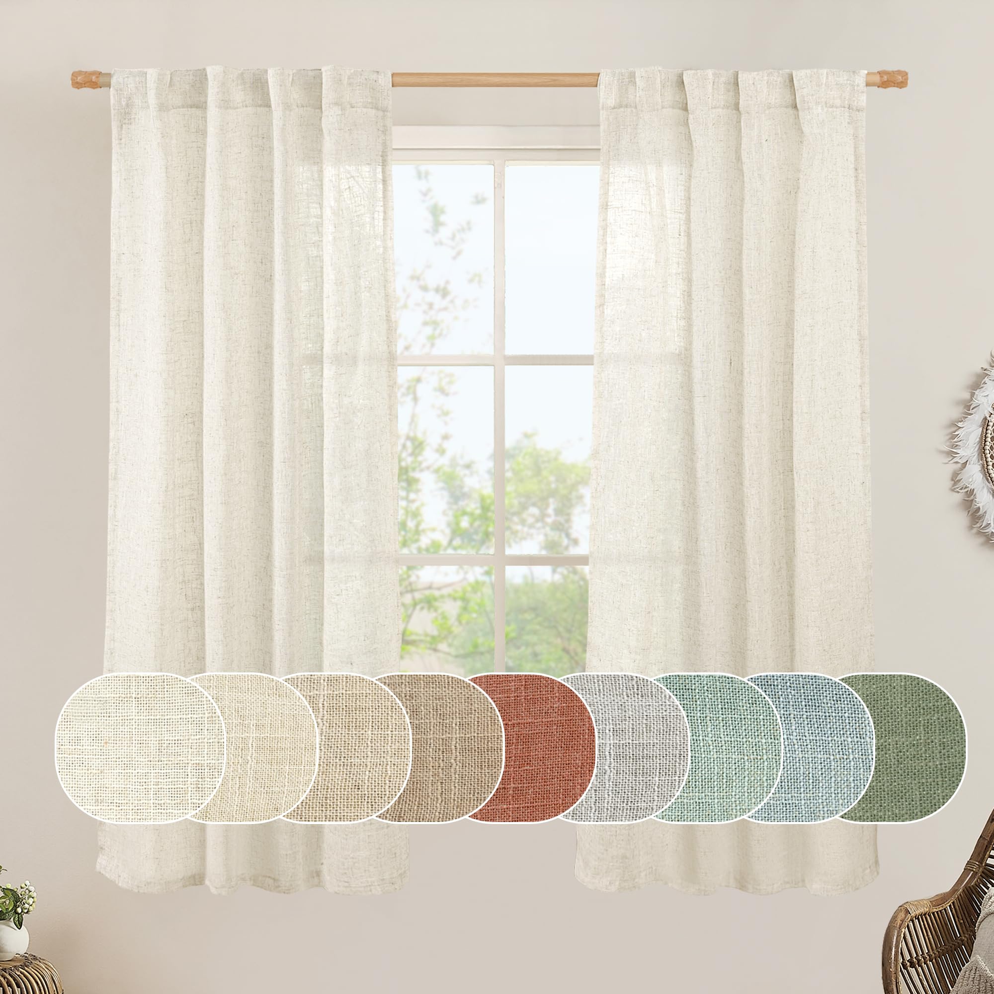 LAMIT Natural Ivory Semi Sheer Linen Curtains 84 inch Long, Cream White Light Filtering Living Room Panels Back Tab and Rod Pocket Neutral Drapes for Bedroom/Farmhouse, 2 Panels, 52 x 84 Inch