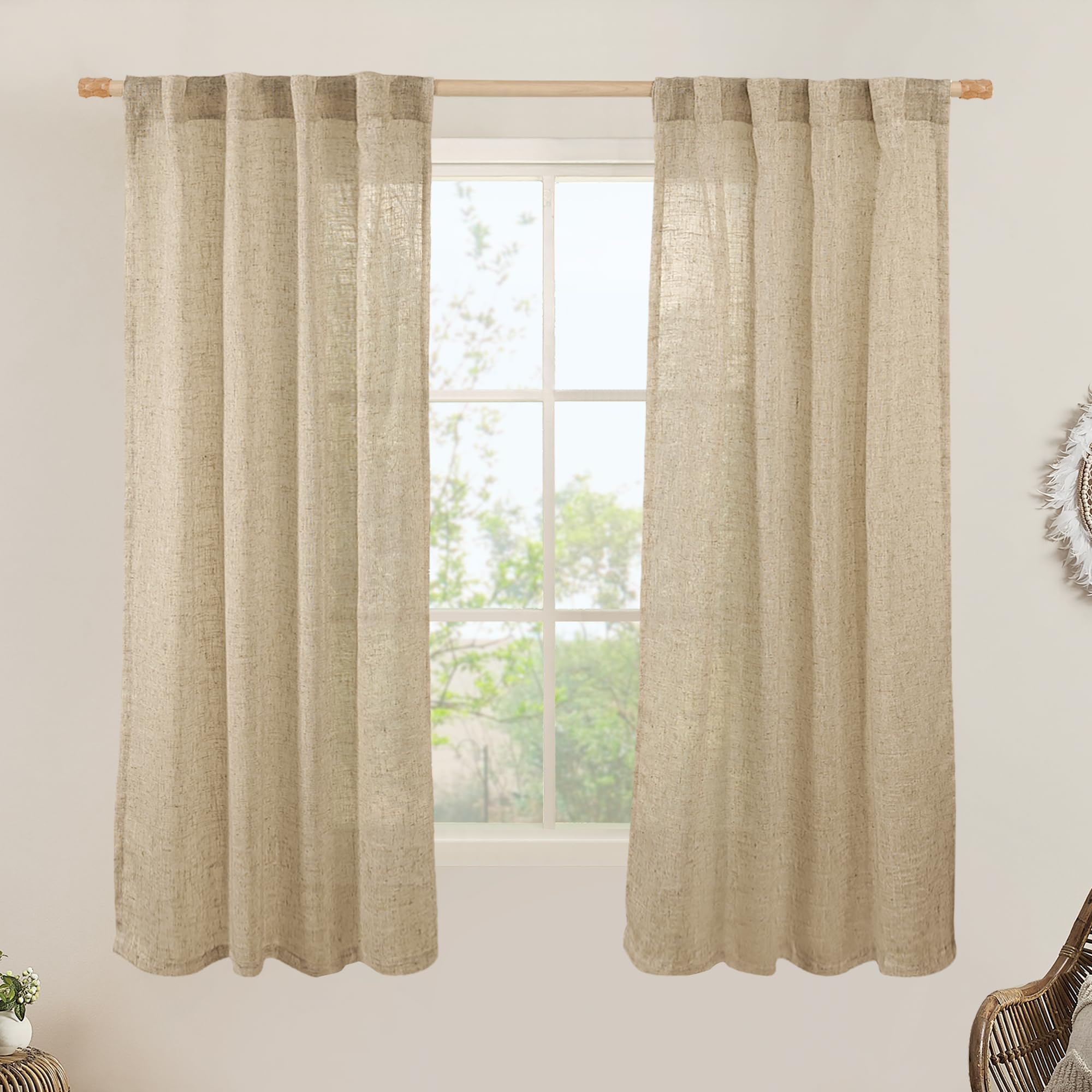 LAMIT Natural Ivory Semi Sheer Linen Curtains 84 inch Long, Cream White Light Filtering Living Room Panels Back Tab and Rod Pocket Neutral Drapes for Bedroom/Farmhouse, 2 Panels, 52 x 84 Inch
