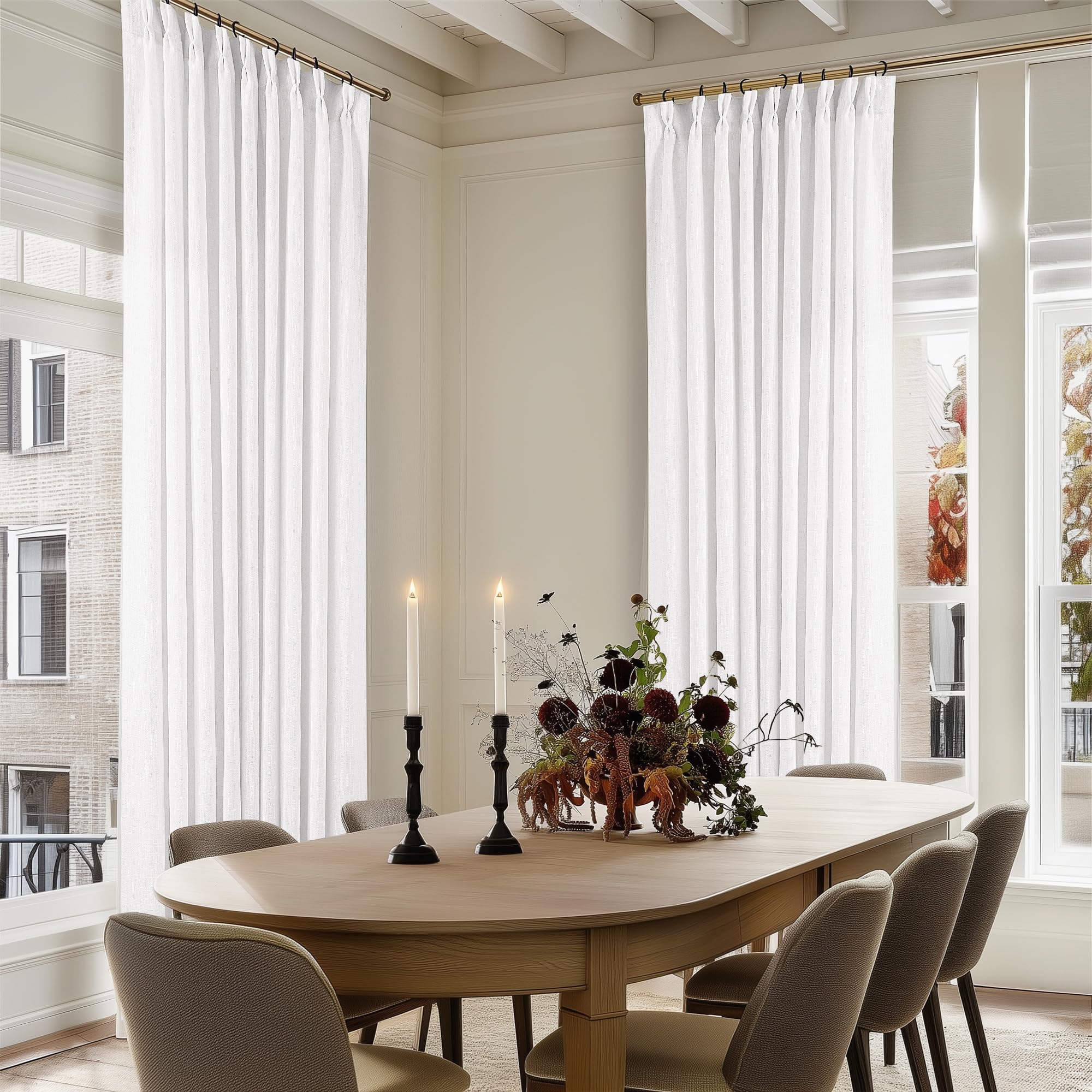 Natural Pinch Pleated Linen Curtains 84 Inch Length 2 Panels for Living Room Bedroom Textured Cream Ivory Birch Semi Sheer Boho Neutral Back Tab Pinch Pleat Hooks Rings Window Curtain 84 Inches Long