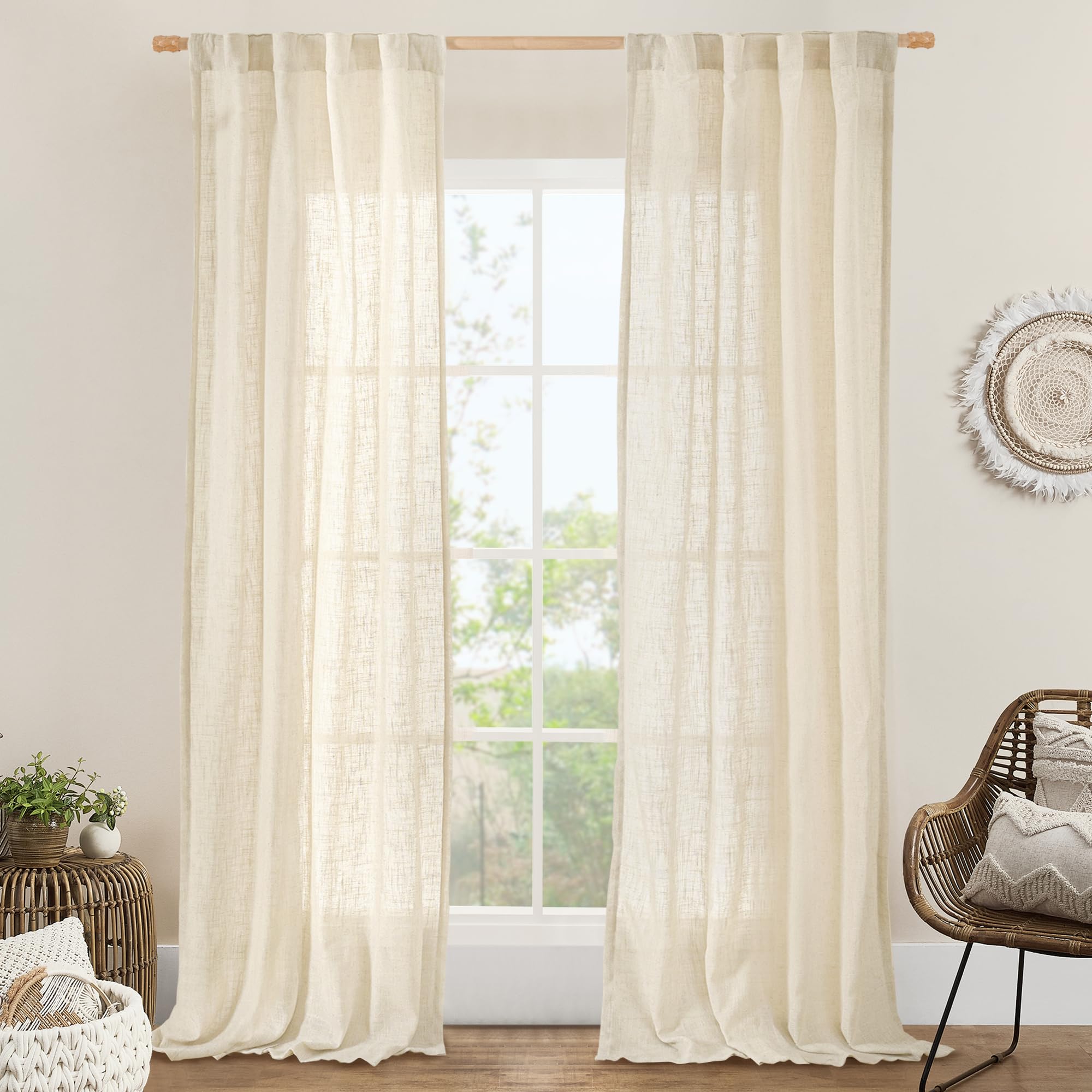 LAMIT Natural Ivory Semi Sheer Linen Curtains 84 inch Long, Cream White Light Filtering Living Room Panels Back Tab and Rod Pocket Neutral Drapes for Bedroom/Farmhouse, 2 Panels, 52 x 84 Inch