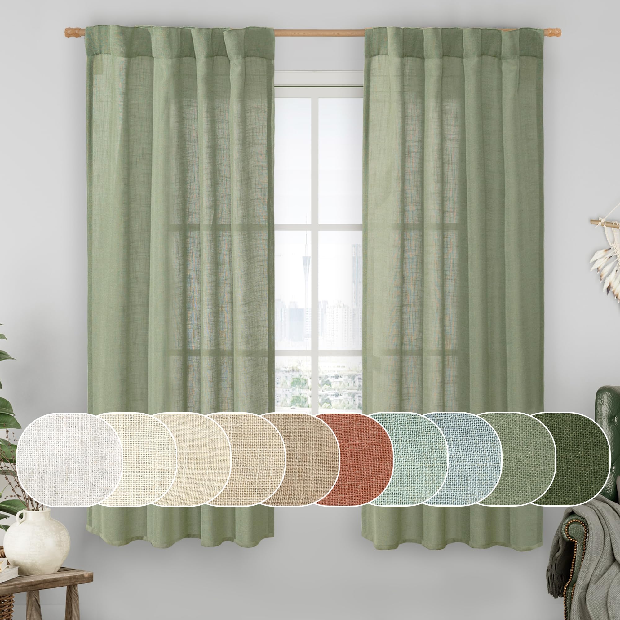 LAMIT Natural Ivory Semi Sheer Linen Curtains 84 inch Long, Cream White Light Filtering Living Room Panels Back Tab and Rod Pocket Neutral Drapes for Bedroom/Farmhouse, 2 Panels, 52 x 84 Inch