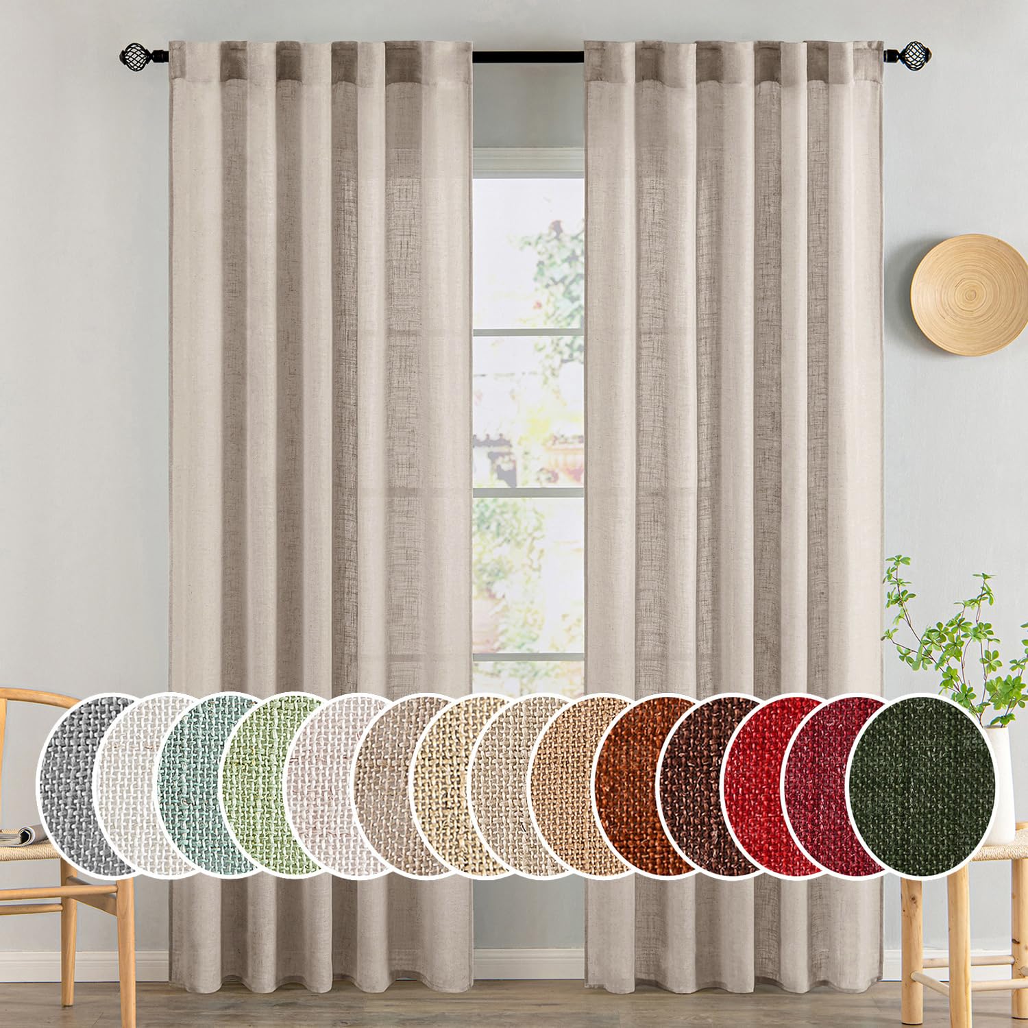 MIULEE Natural White Linen Curtains 84 Inch Long for Bedroom Living Room, Soft Thick Linen Textured Window Drapes Semi Sheer Light Filtering Rod Pocket Back Tab Neutral Farmhouse Cream Ivory 2 Panels