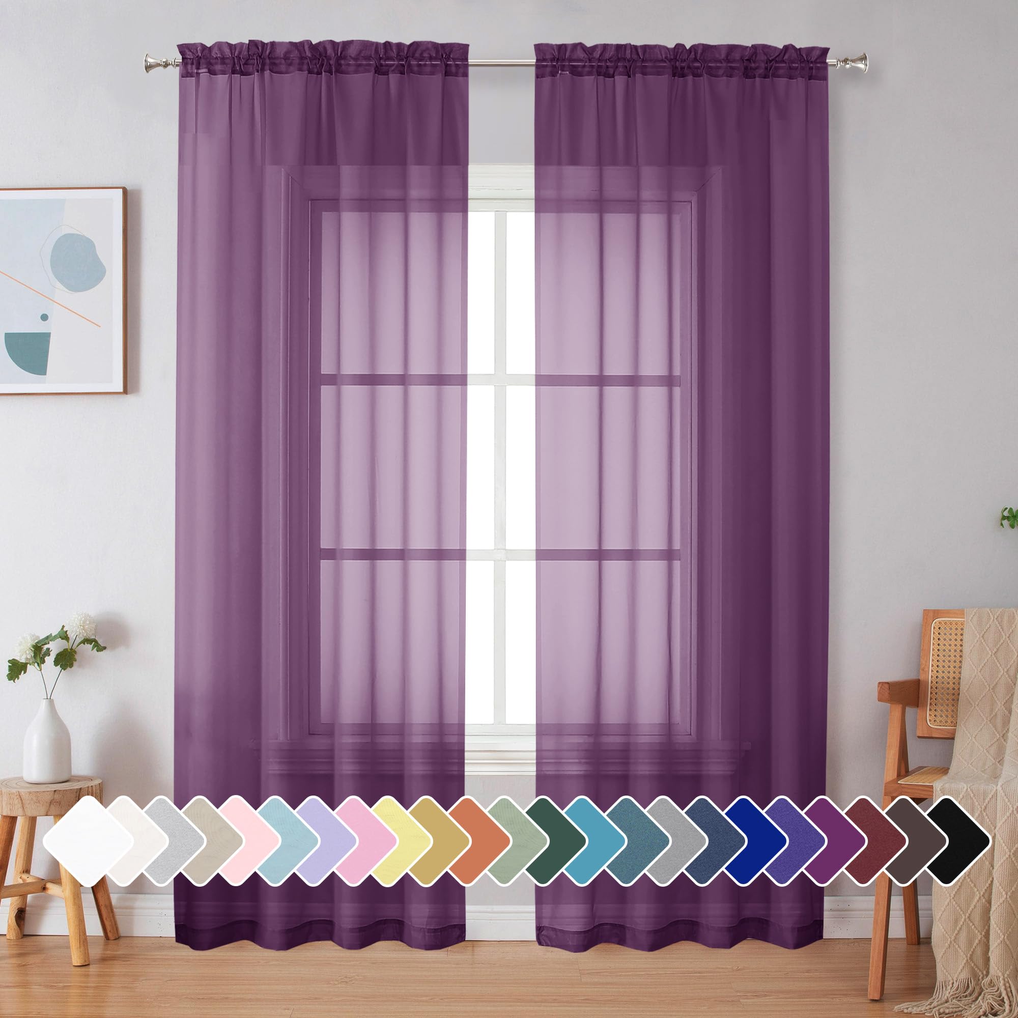 Simplebrand Black Sheer Curtains 84 Inches Long, Light Filtering Rod Pocket Solid Color Window Sheer Curtain Panels, Elegant Curtains & Drapes for Living Room, Bedroom 2 Panels (Black, 42" W x 84" L)