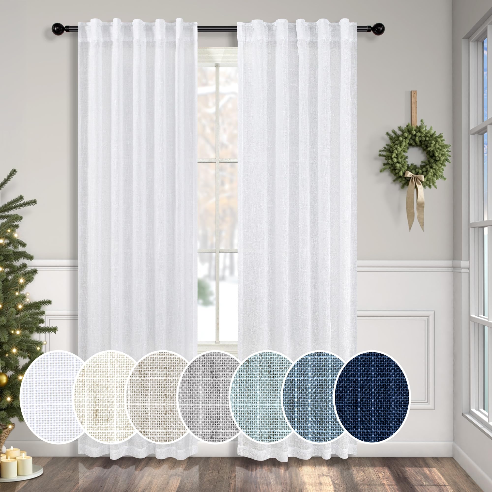 Natural Linen Back Tab Curtains 84 Inch Length for Living Room 2 Panel Pocket Drape Light Filtering Semi Sheer Neutral Country Rustic Farmhouse Boho Curtain Bedroom Muslin Look Ivory Cream Colored
