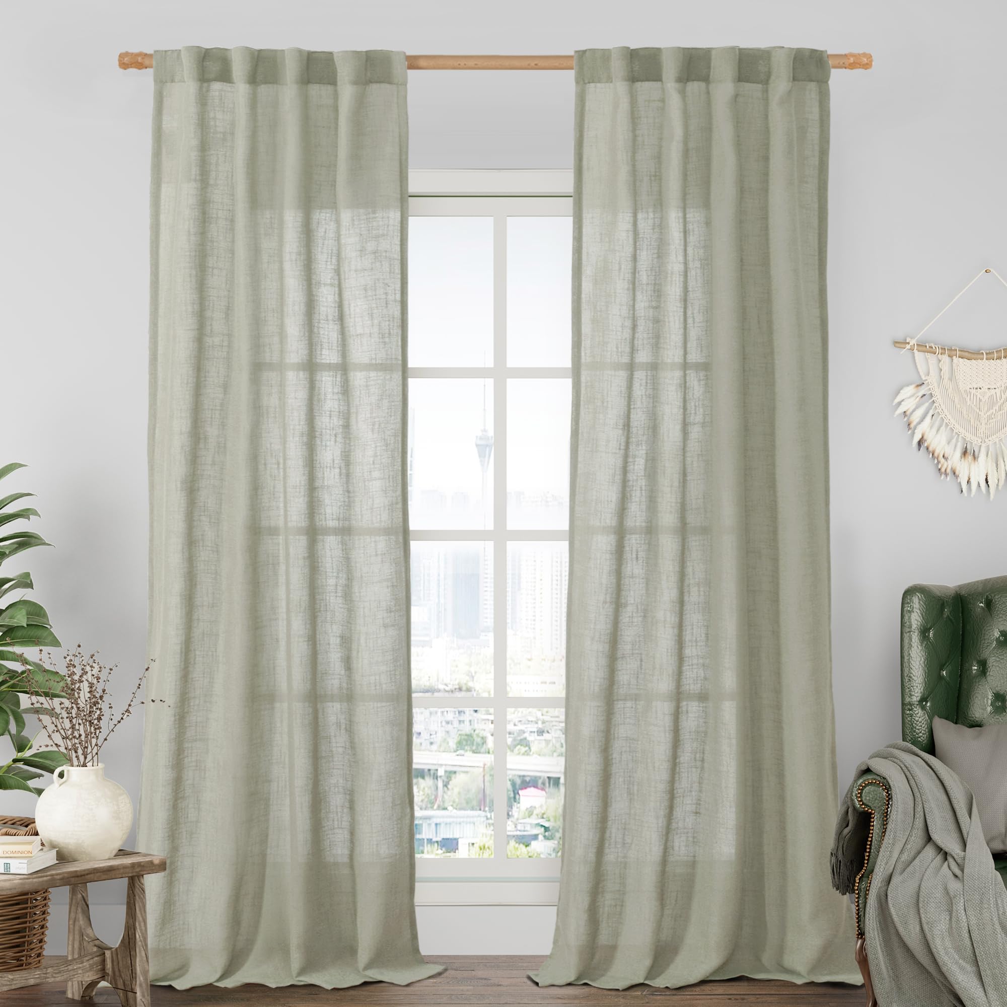 LAMIT Natural Ivory Semi Sheer Linen Curtains 84 inch Long, Cream White Light Filtering Living Room Panels Back Tab and Rod Pocket Neutral Drapes for Bedroom/Farmhouse, 2 Panels, 52 x 84 Inch