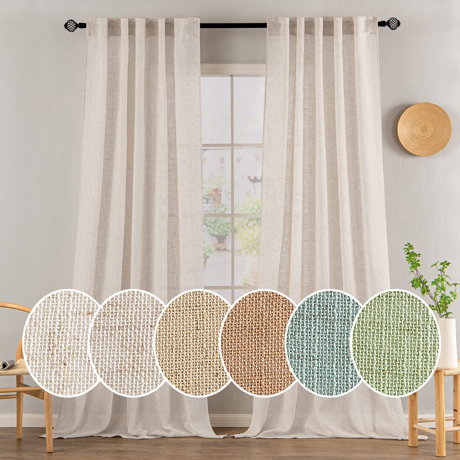 MIULEE Natural White Linen Curtains 84 Inch Long for Bedroom Living Room, Soft Thick Linen Textured Window Drapes Semi Sheer Light Filtering Rod Pocket Back Tab Neutral Farmhouse Cream Ivory 2 Panels
