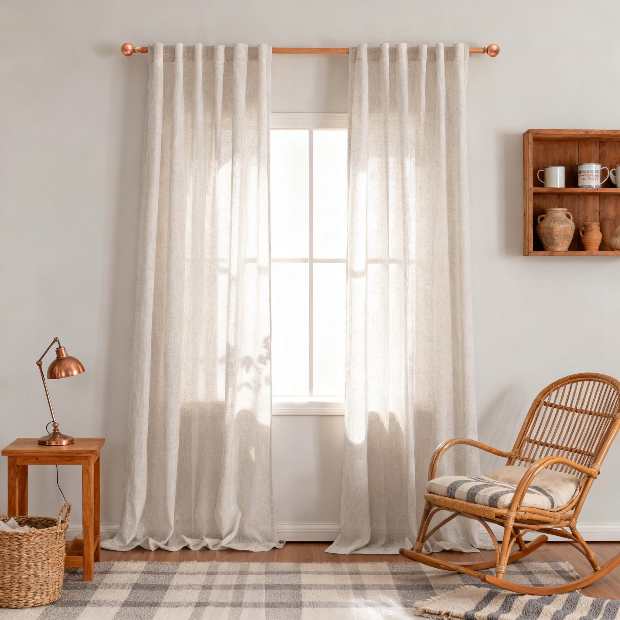 MYSKY HOME Linen Curtains for Living Room, Natural Semi Sheer Curtains & Drapes 84 inches Length 2 Panels Set Farmhouse Country Boho Style Back Tab Draperies for Sliding Glass Door, 50" Wide, Linen