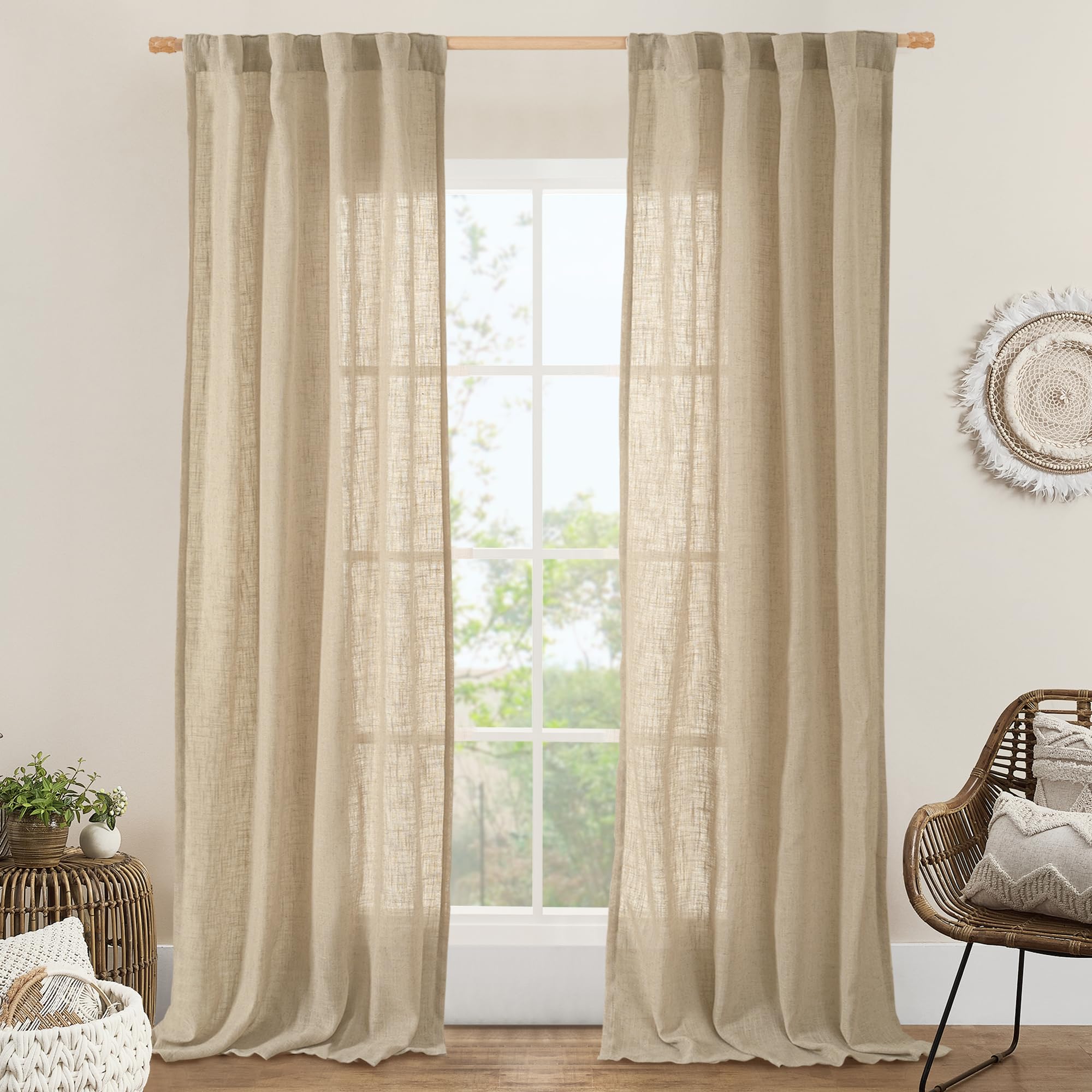 LAMIT Natural Ivory Semi Sheer Linen Curtains 84 inch Long, Cream White Light Filtering Living Room Panels Back Tab and Rod Pocket Neutral Drapes for Bedroom/Farmhouse, 2 Panels, 52 x 84 Inch