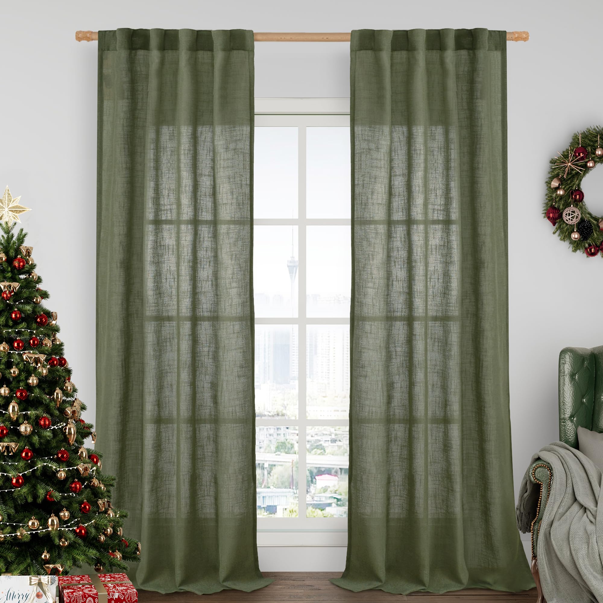 LAMIT Natural Ivory Semi Sheer Linen Curtains 84 inch Long, Cream White Light Filtering Living Room Panels Back Tab and Rod Pocket Neutral Drapes for Bedroom/Farmhouse, 2 Panels, 52 x 84 Inch