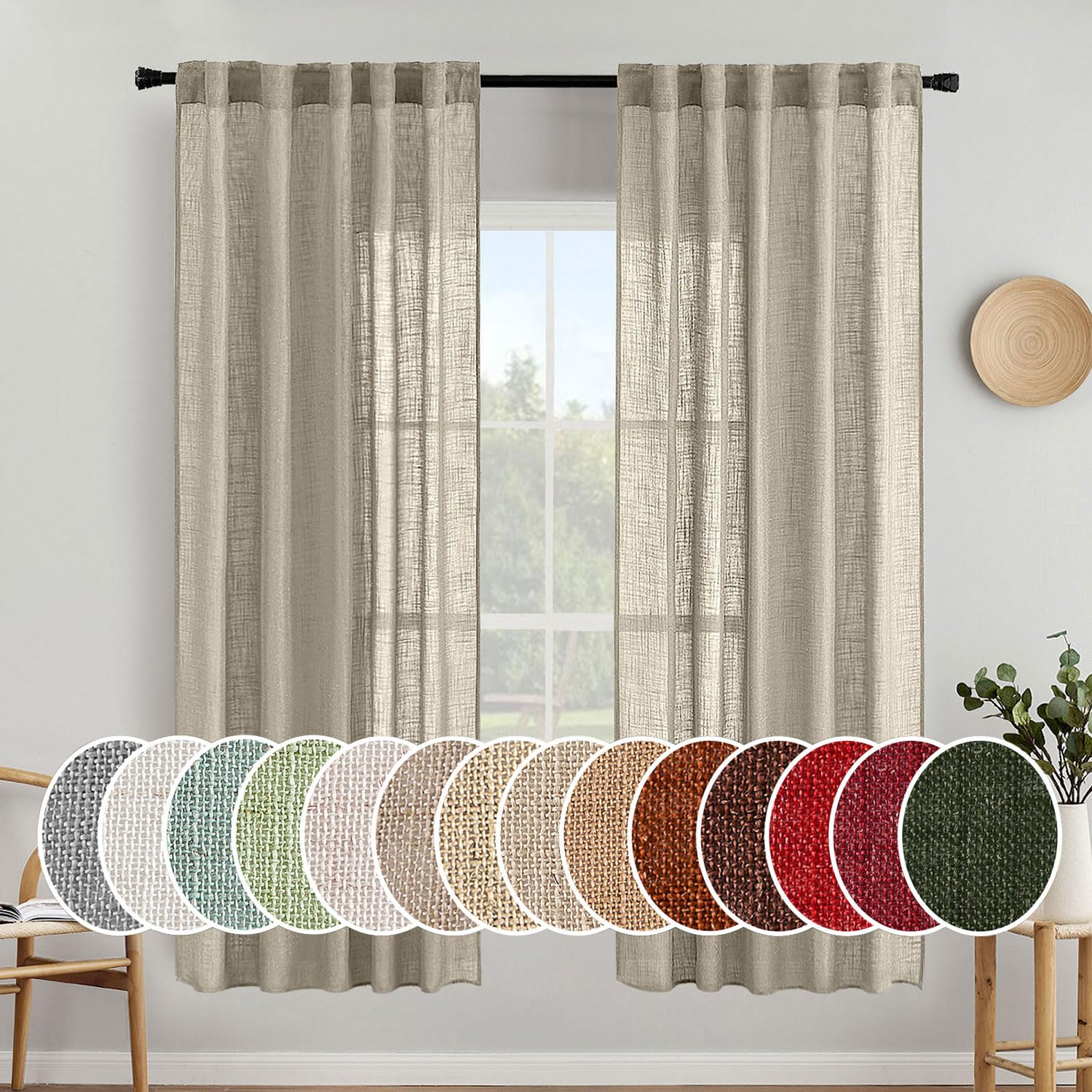 MIULEE Natural White Linen Curtains 84 Inch Long for Bedroom Living Room, Soft Thick Linen Textured Window Drapes Semi Sheer Light Filtering Rod Pocket Back Tab Neutral Farmhouse Cream Ivory 2 Panels