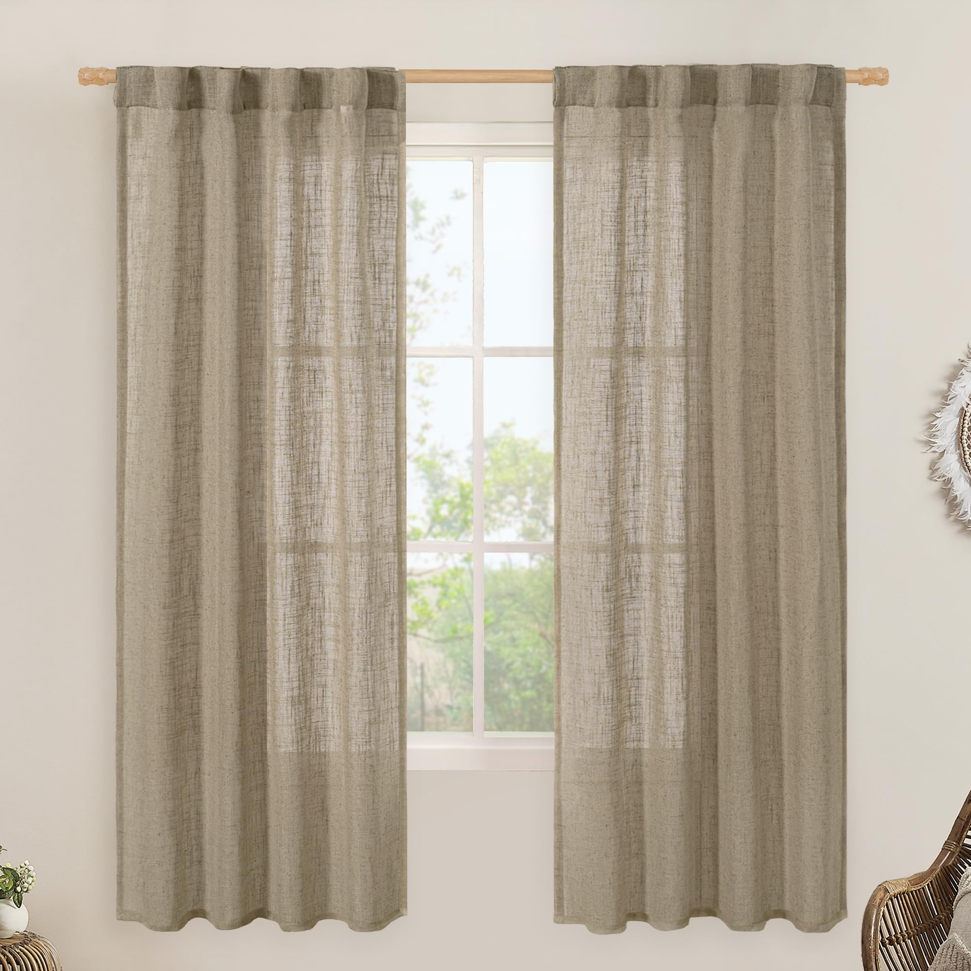 LAMIT Natural Ivory Semi Sheer Linen Curtains 84 inch Long, Cream White Light Filtering Living Room Panels Back Tab and Rod Pocket Neutral Drapes for Bedroom/Farmhouse, 2 Panels, 52 x 84 Inch