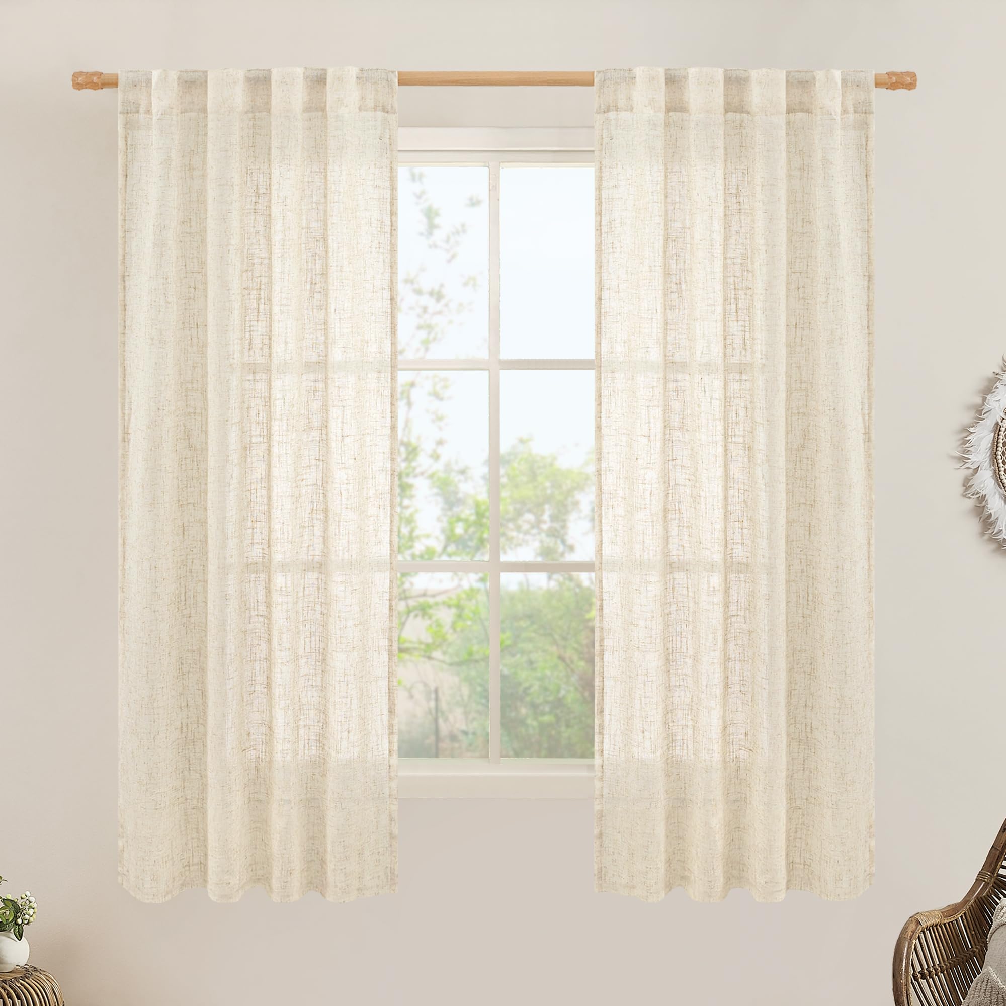 LAMIT Natural Ivory Semi Sheer Linen Curtains 84 inch Long, Cream White Light Filtering Living Room Panels Back Tab and Rod Pocket Neutral Drapes for Bedroom/Farmhouse, 2 Panels, 52 x 84 Inch