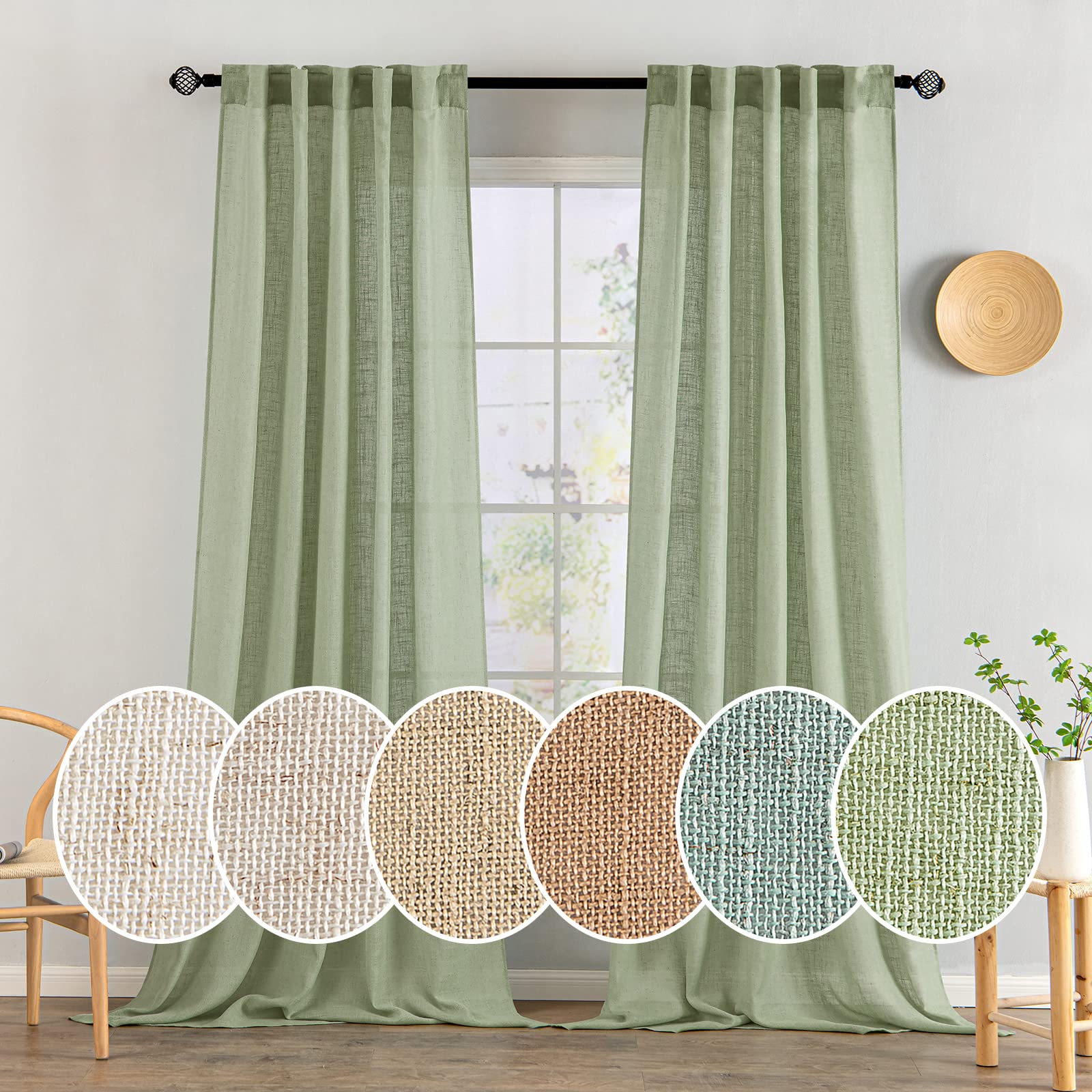 MIULEE Natural White Linen Curtains 84 Inch Long for Bedroom Living Room, Soft Thick Linen Textured Window Drapes Semi Sheer Light Filtering Rod Pocket Back Tab Neutral Farmhouse Cream Ivory 2 Panels
