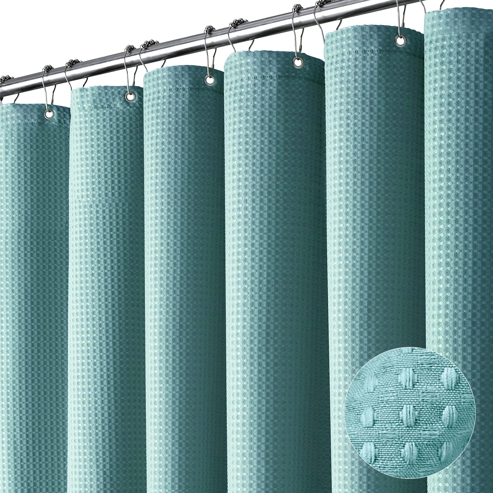Dynamene Sage Green Shower Curtain - Waffle Textured Heavy Duty Thick Fabric Shower Curtains for Bathroom, 256GSM Luxury Weighted Polyester Cloth Bath Curtain Set with 12 Plastic Hooks，72Wx72H,Green