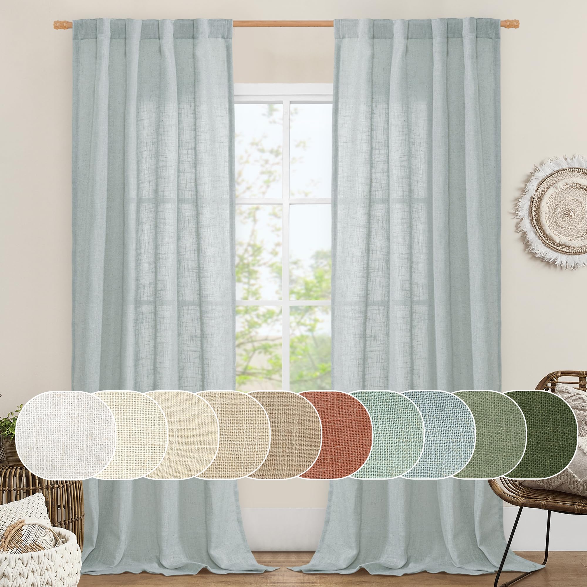LAMIT Natural Ivory Semi Sheer Linen Curtains 84 inch Long, Cream White Light Filtering Living Room Panels Back Tab and Rod Pocket Neutral Drapes for Bedroom/Farmhouse, 2 Panels, 52 x 84 Inch