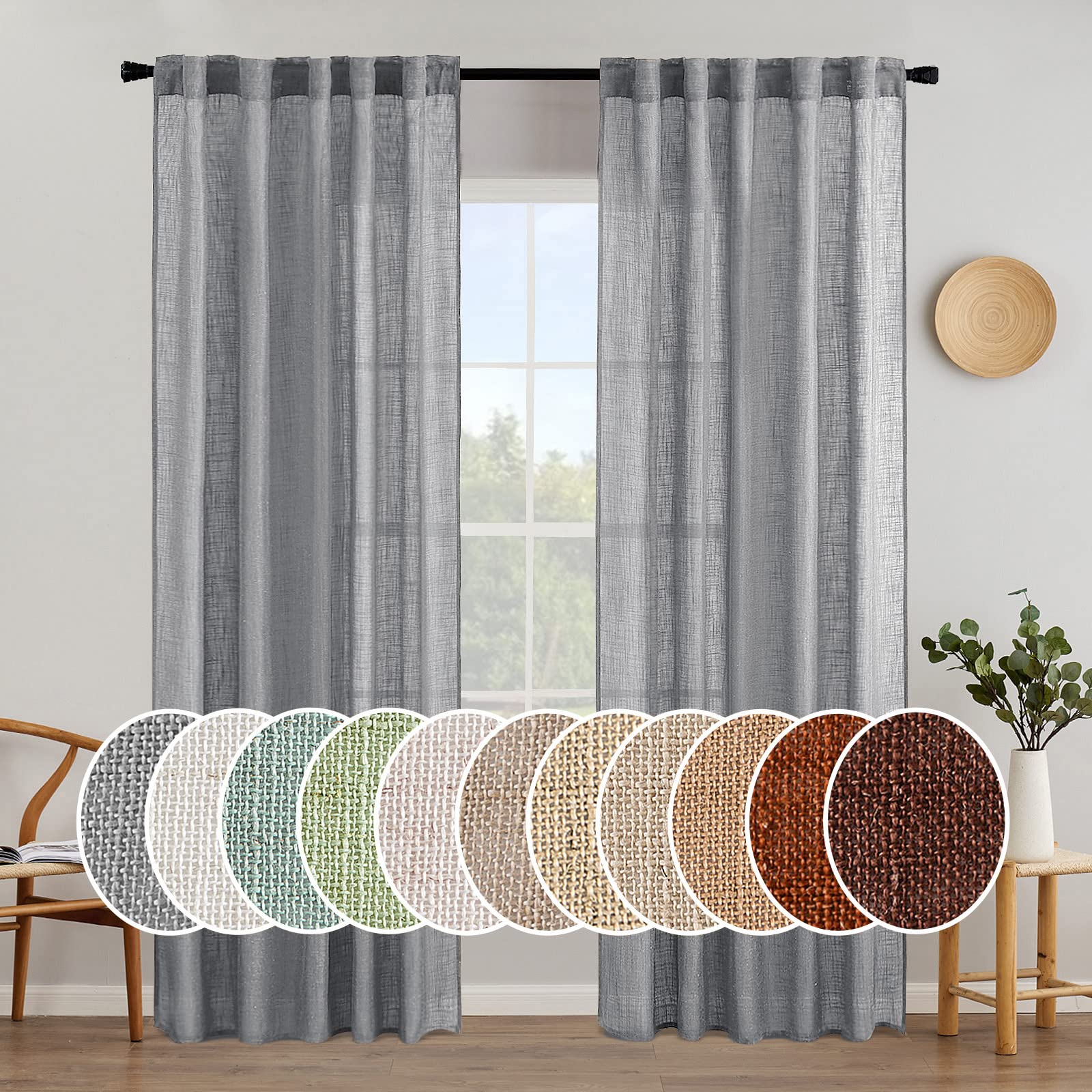 MIULEE Natural White Linen Curtains 84 Inch Long for Bedroom Living Room, Soft Thick Linen Textured Window Drapes Semi Sheer Light Filtering Rod Pocket Back Tab Neutral Farmhouse Cream Ivory 2 Panels