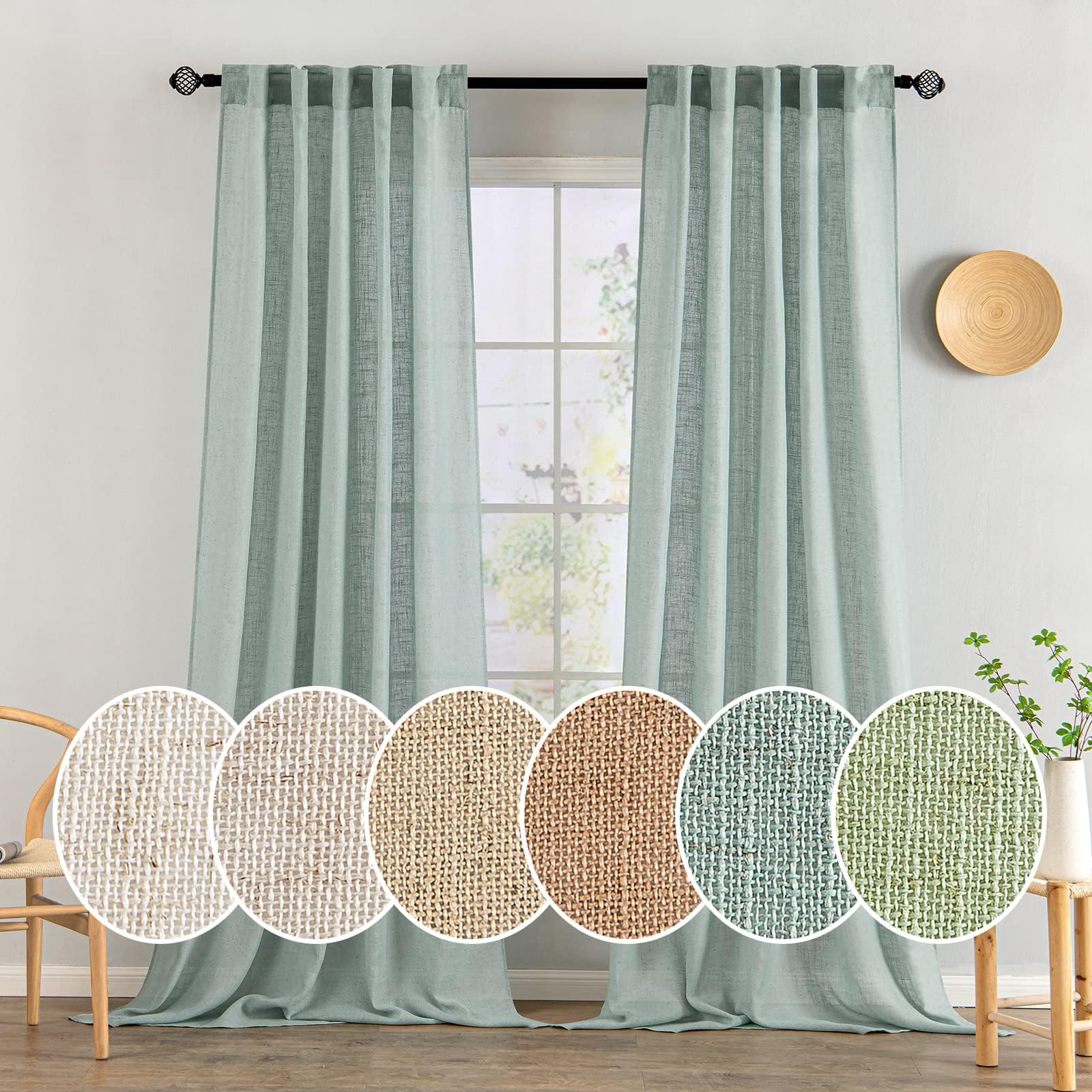 MIULEE Natural White Linen Curtains 84 Inch Long for Bedroom Living Room, Soft Thick Linen Textured Window Drapes Semi Sheer Light Filtering Rod Pocket Back Tab Neutral Farmhouse Cream Ivory 2 Panels